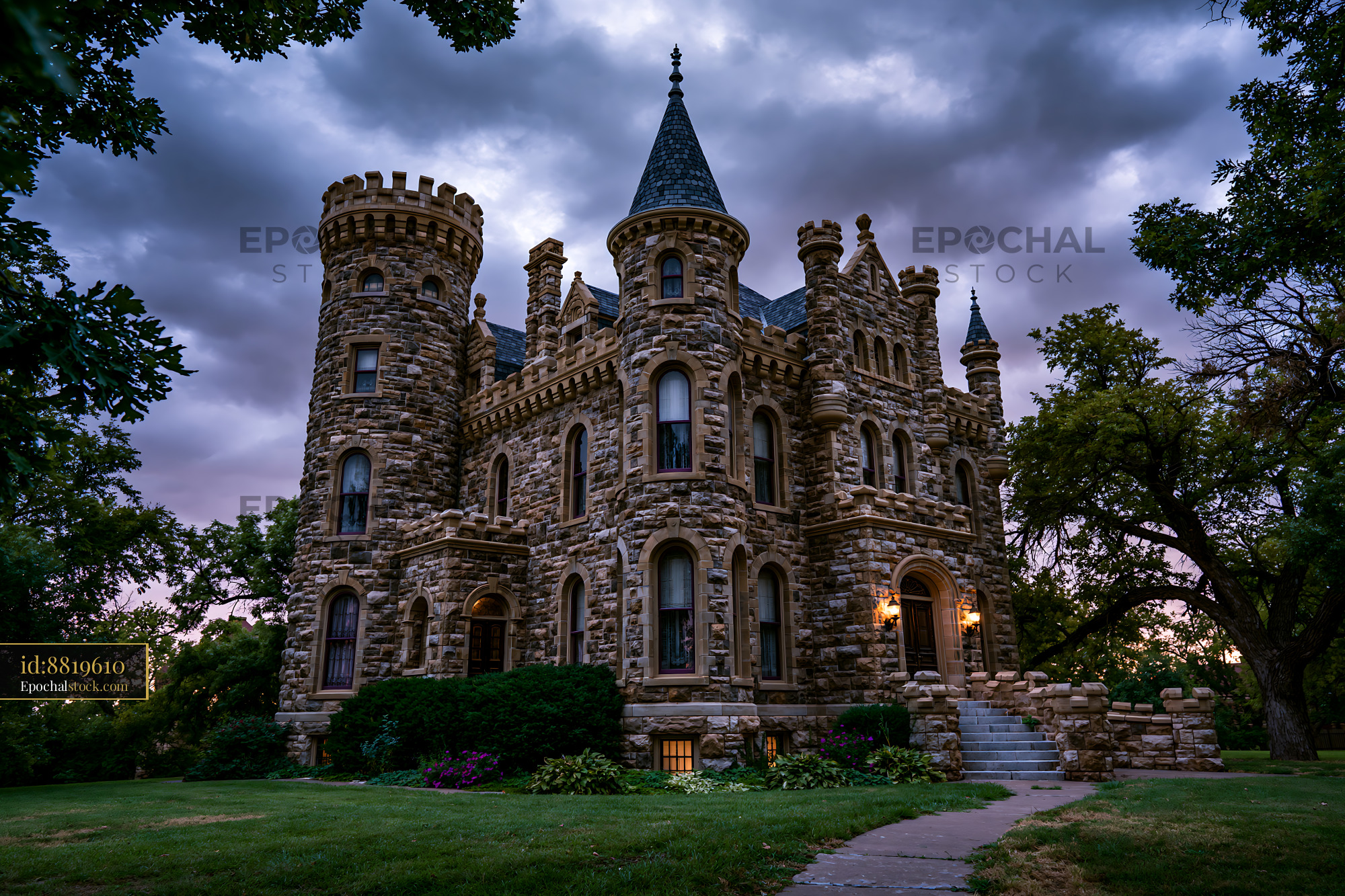 Watermarked full-resolution preview of Stone castle-style house with turrets at dusk
