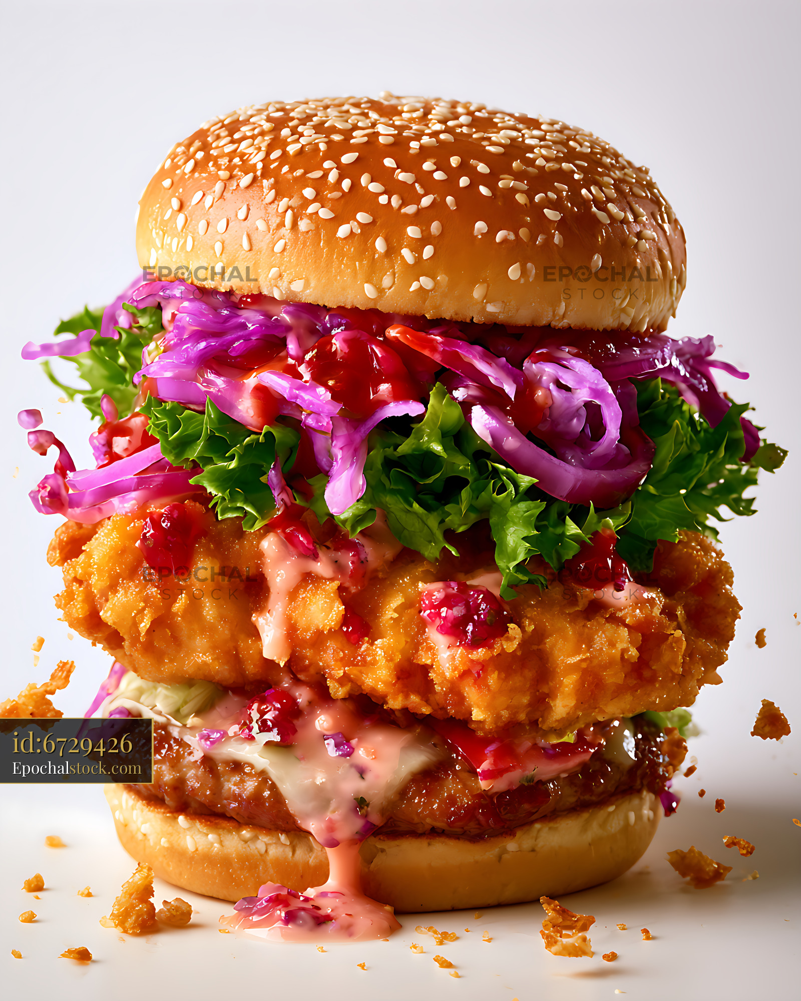 Watermarked full-resolution preview of Loaded crispy chicken burger with colorful fresh toppings