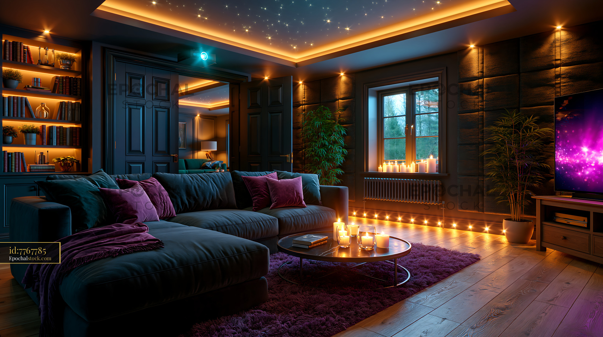 Watermarked full-resolution preview of Cozy living room with modern decor and ambient lighting