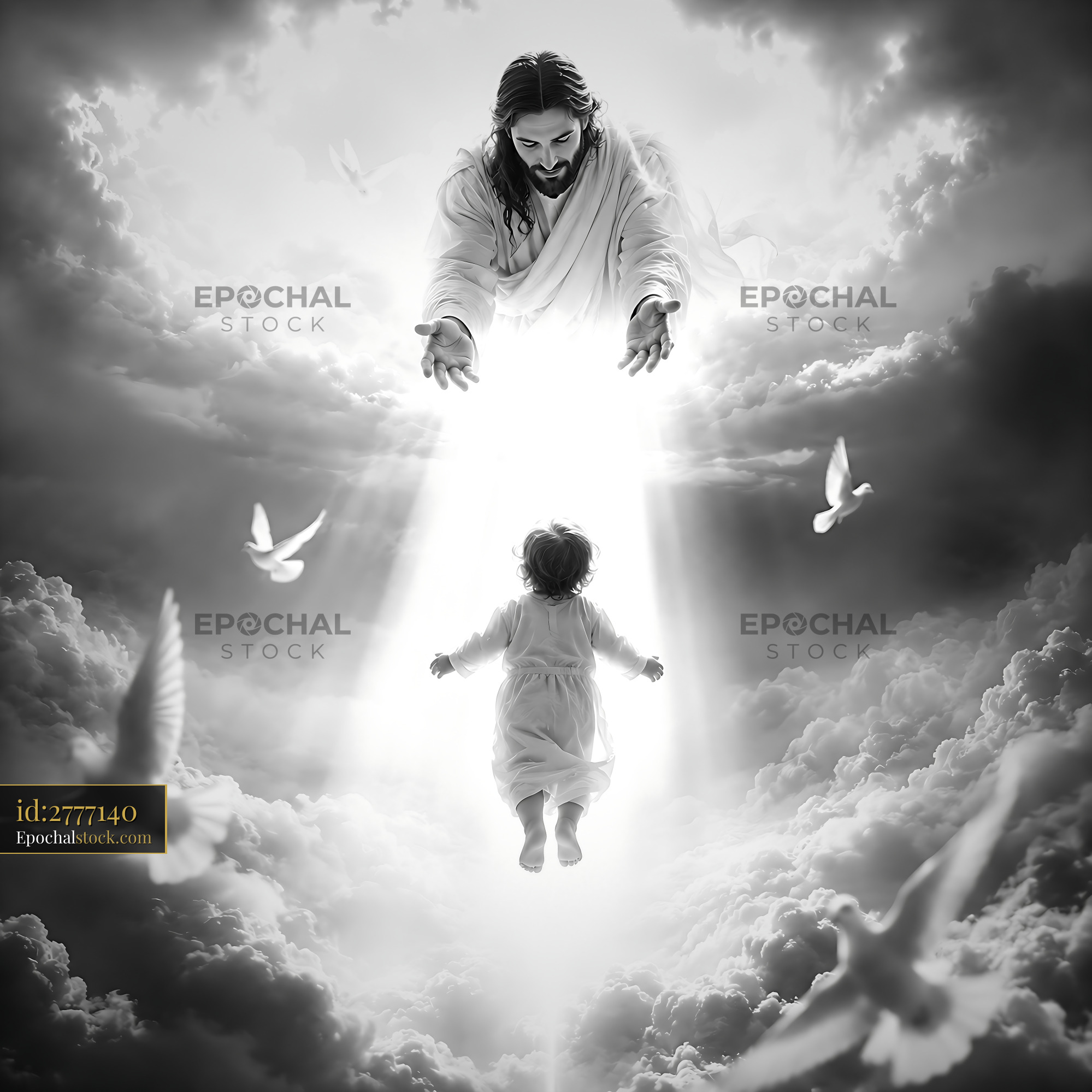 Watermarked full-resolution preview of Jesus reaching out to a child in a heavenly scene