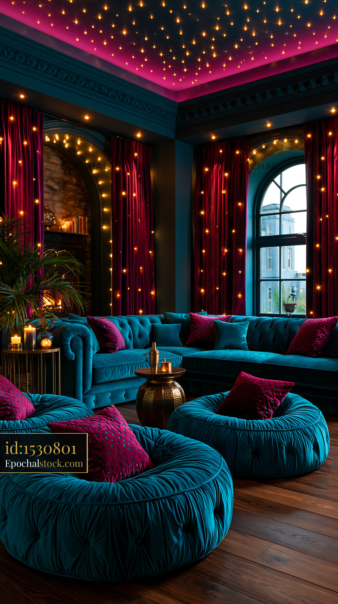 Luxury Cinema Room With Bean Bags and Colorful Decor - stock photo