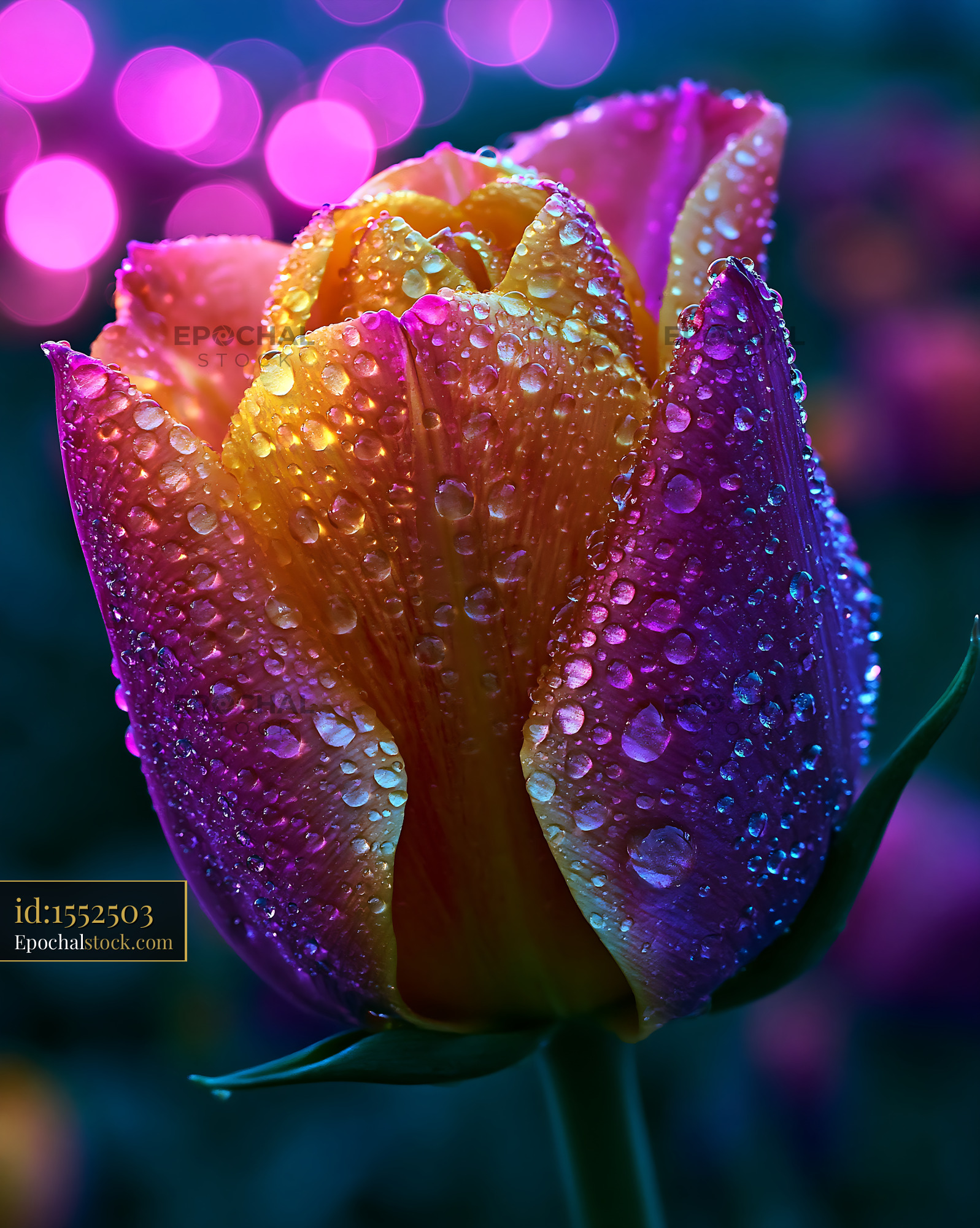Watermarked full-resolution preview of Colorful rose with water droplets under soft light