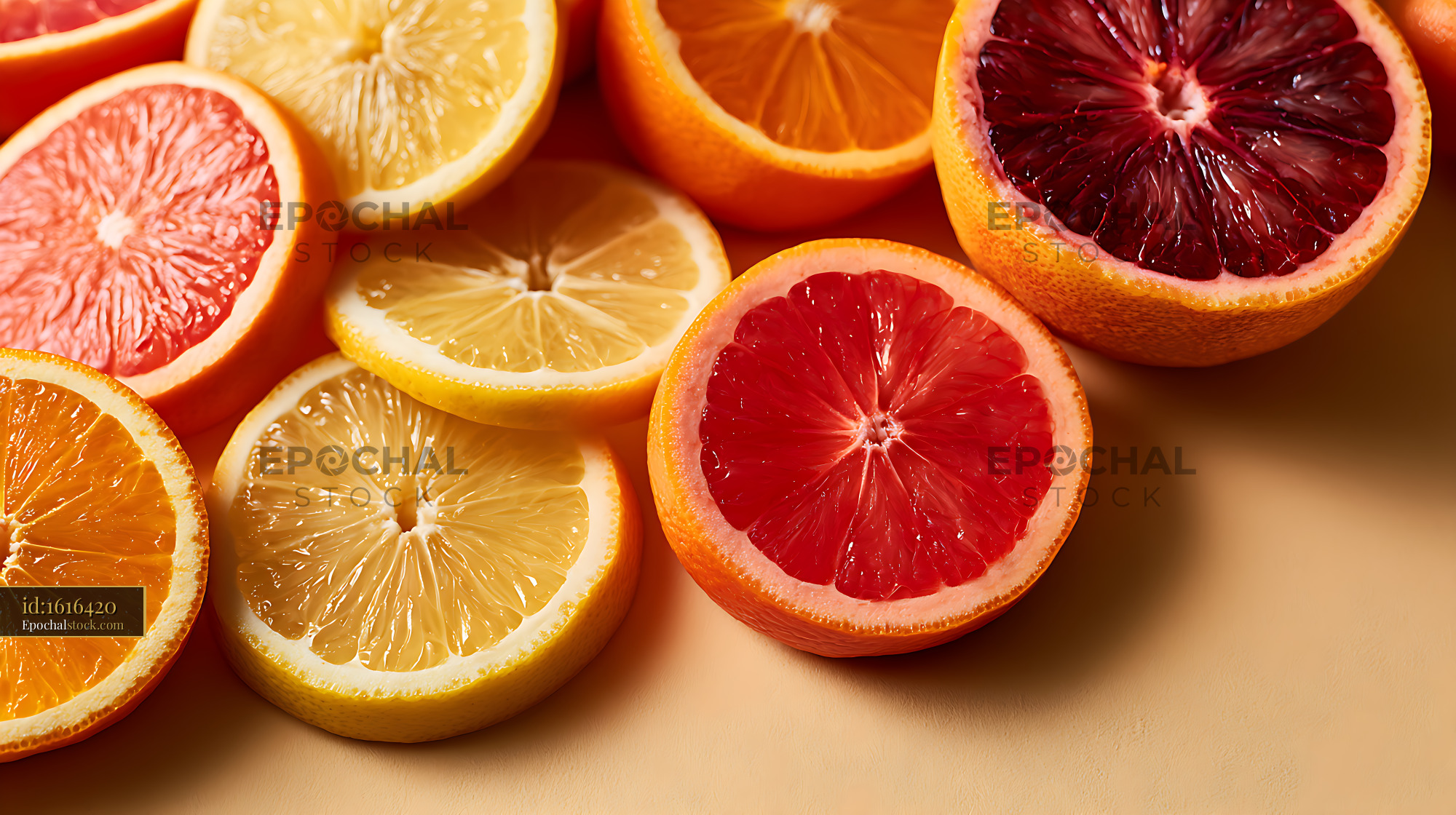 Watermarked full-resolution preview of Fresh citrus fruit slices with vivid colorful segments