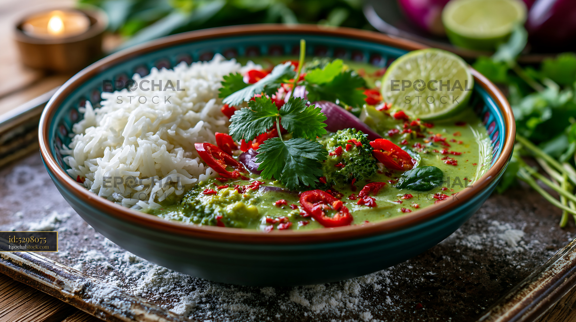 Watermarked full-resolution preview of Green curry with rice and fresh herbs served on a rustic table