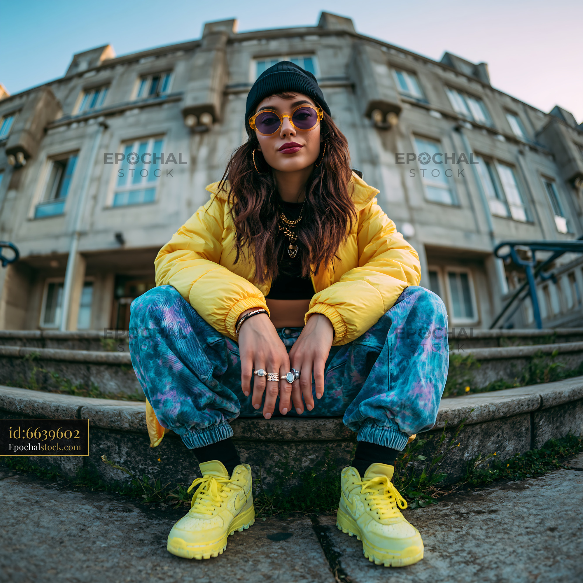 Watermarked full-resolution preview of Young woman sitting on steps wearing stylish outfit