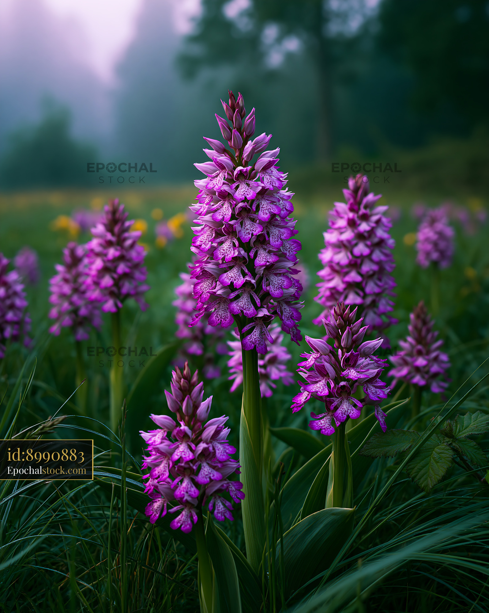 Watermarked full-resolution preview of Purple orchids bloom in a green field under soft morning light