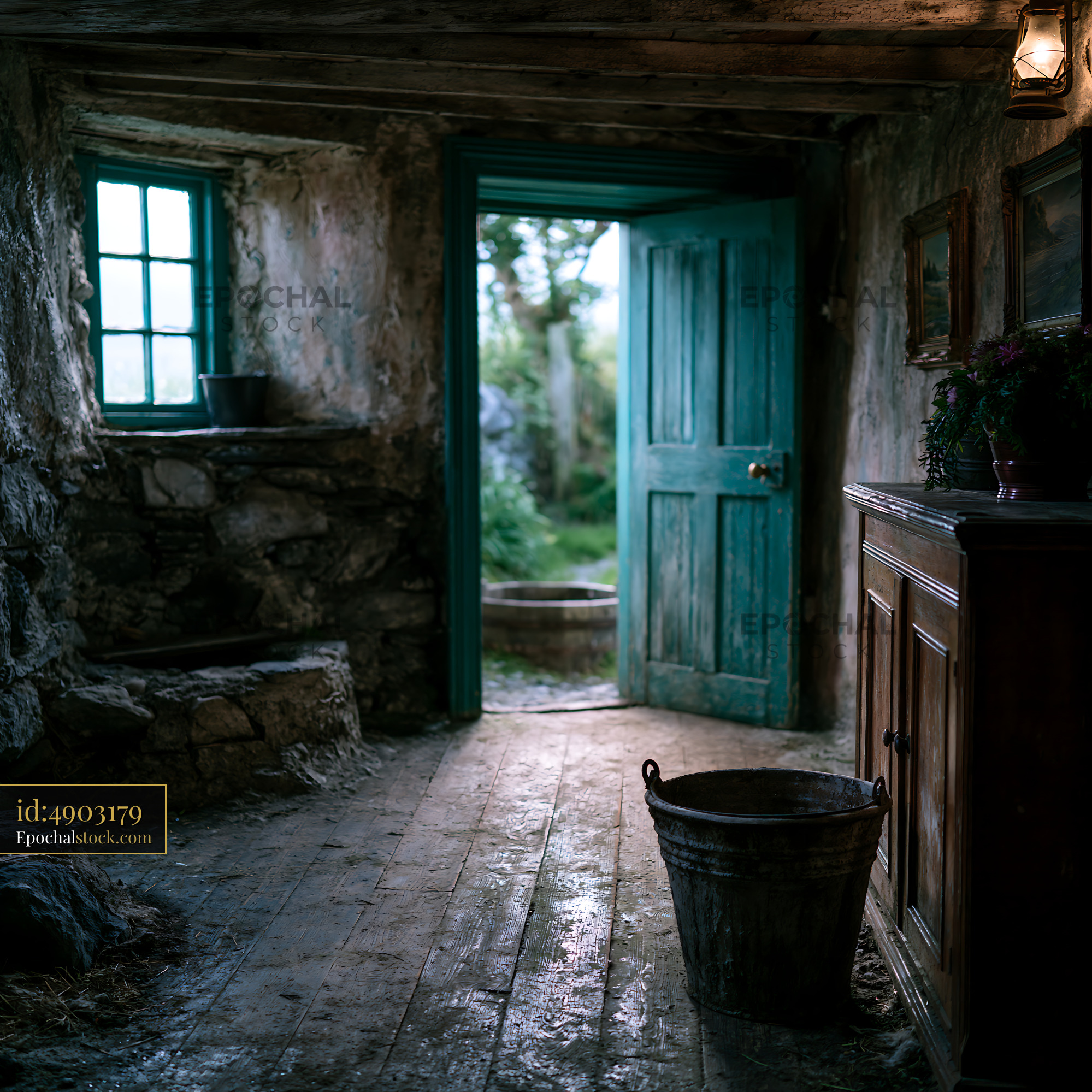 Watermarked full-resolution preview of Rustic cottage room with open blue-green door