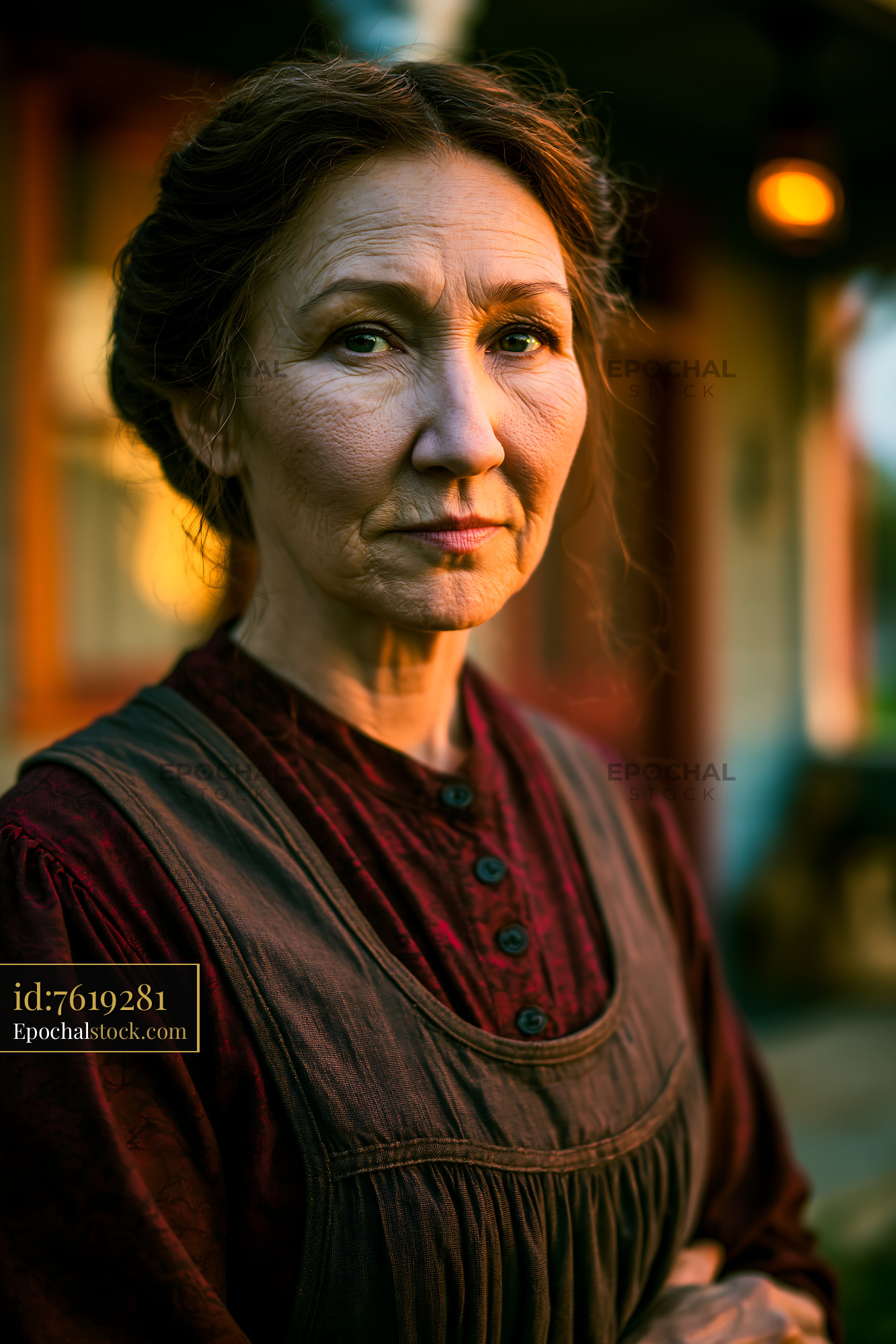Watermarked full-resolution preview of Woman standing outside a rustic building during sunset