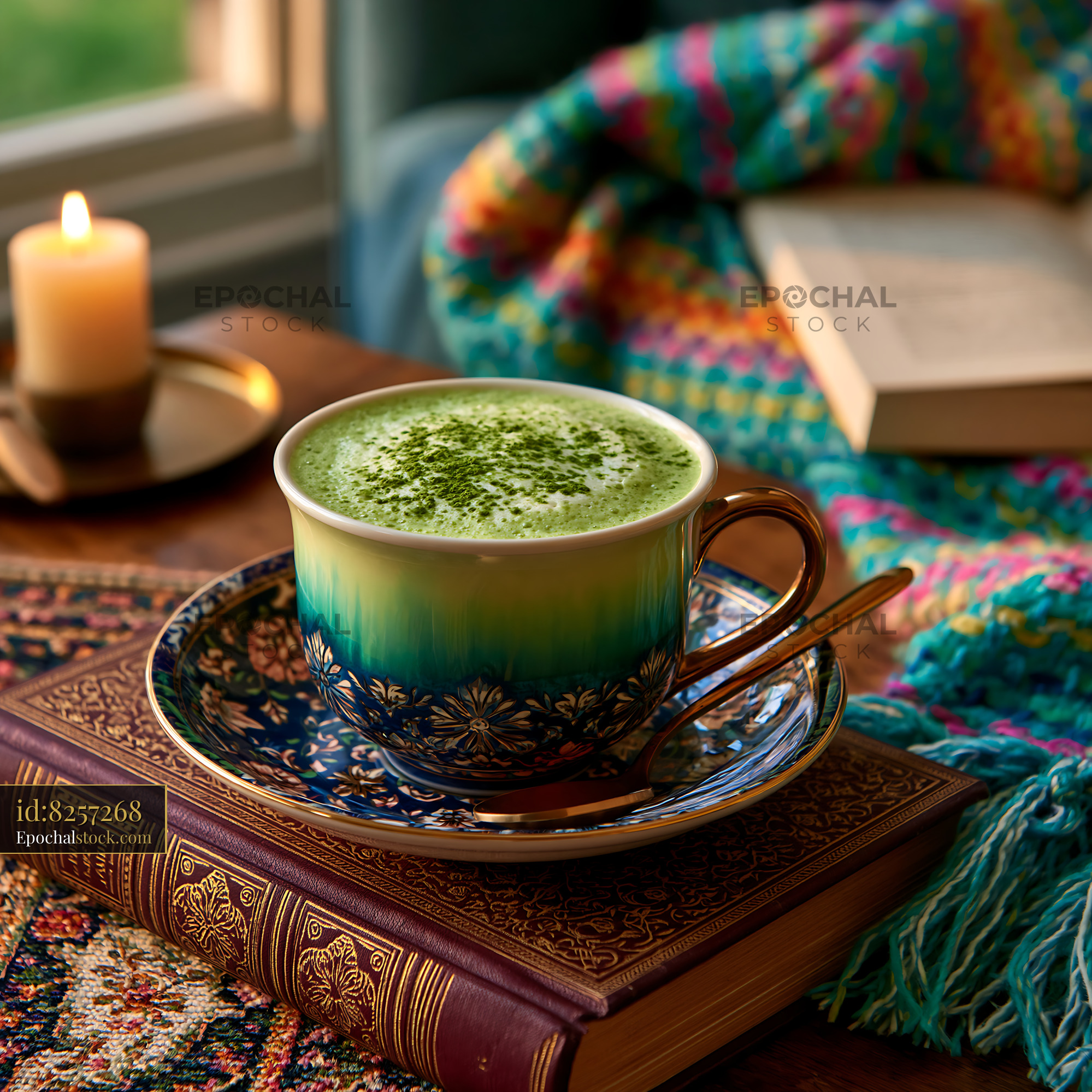 Watermarked full-resolution preview of Cup of matcha tea on a table with books and a candle