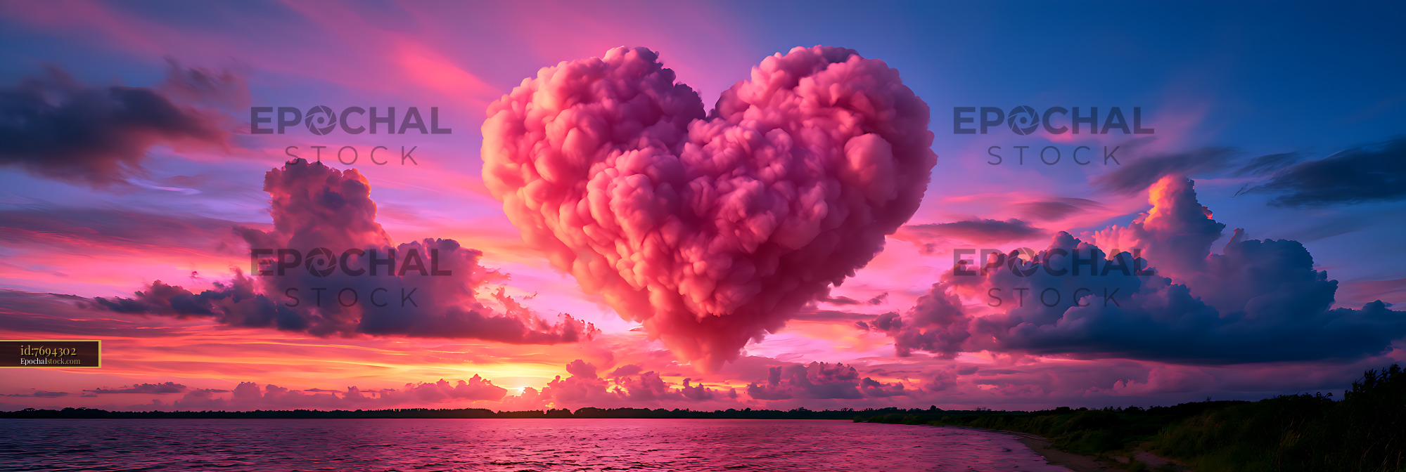 Watermarked full-resolution preview of Pink heart-shaped cloud at sunset over calm water