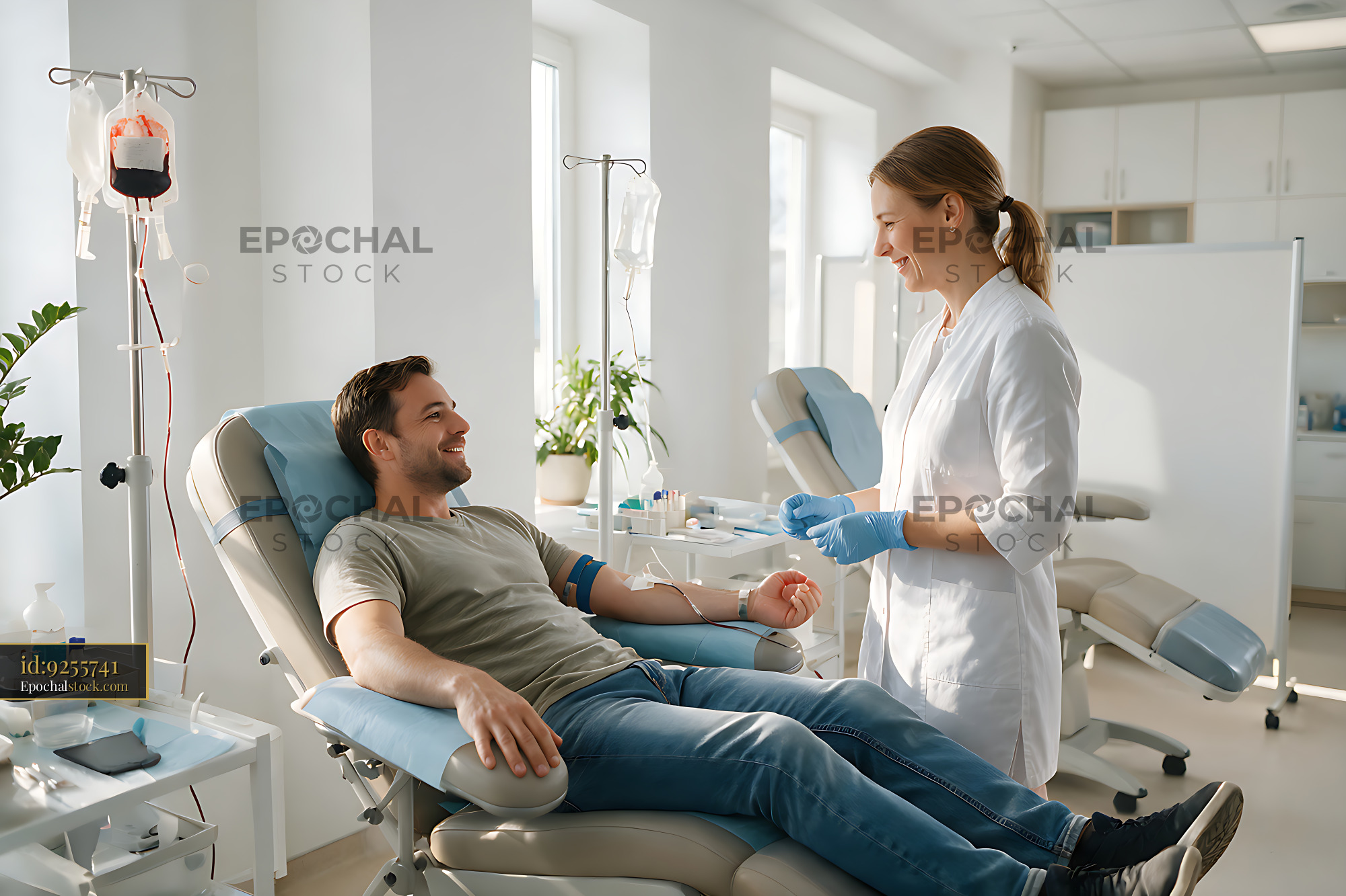 Watermarked full-resolution preview of Donor relaxing during blood collection at a medical clinic
