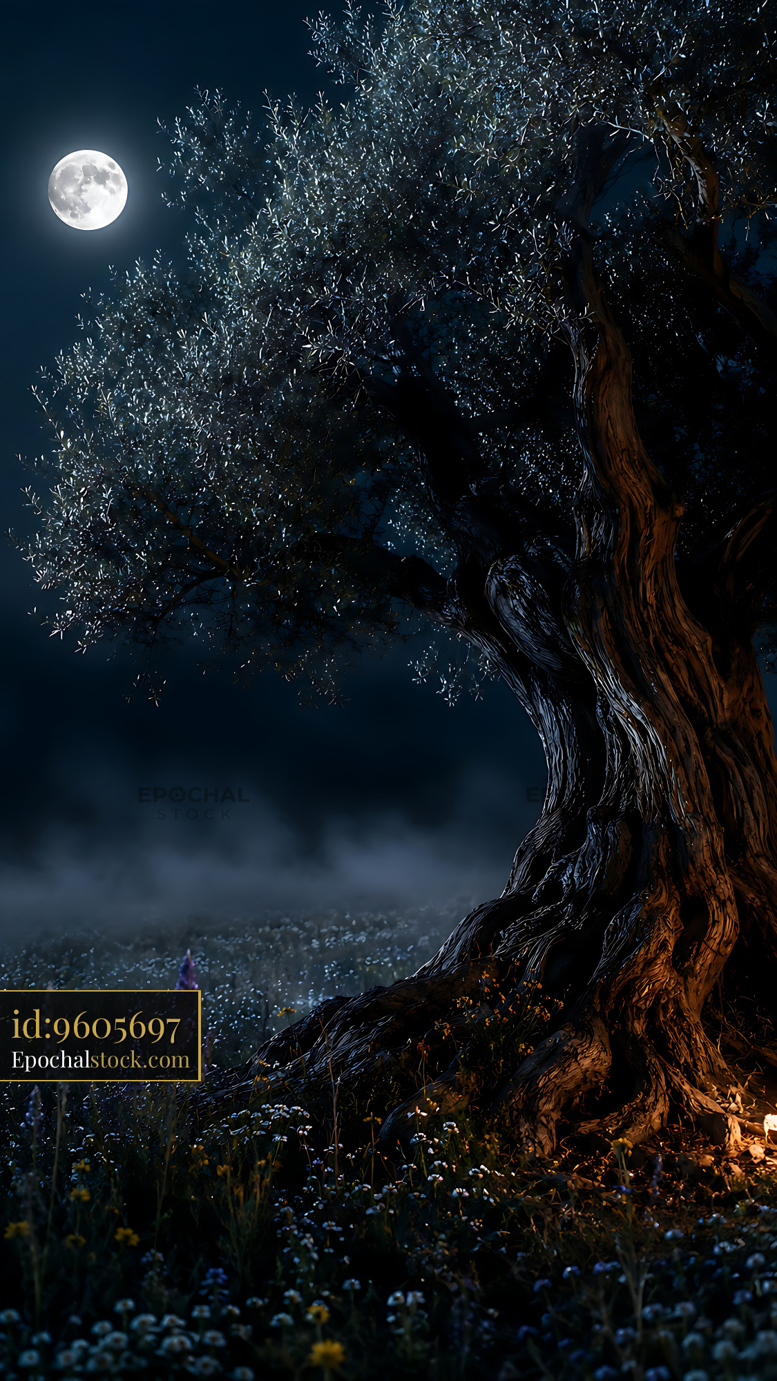 Watermarked full-resolution preview of Old tree under bright moonlight in a dark field