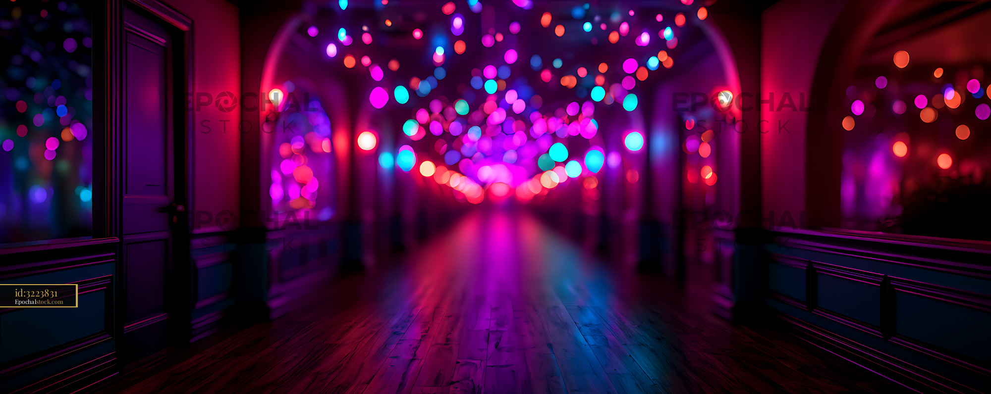 Watermarked full-resolution preview of Colorful neon bokeh illuminating a reflective interior hallway