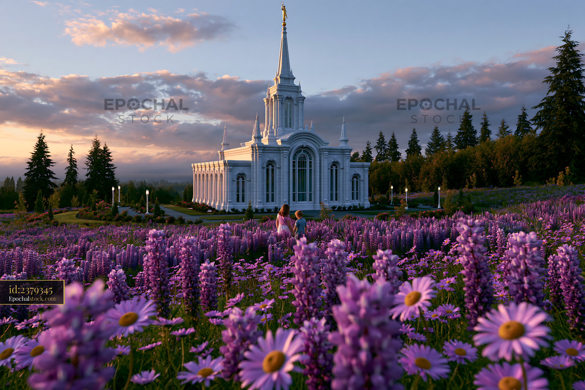 Watermarked full-resolution preview of White temple in a purple flower garden at sunset