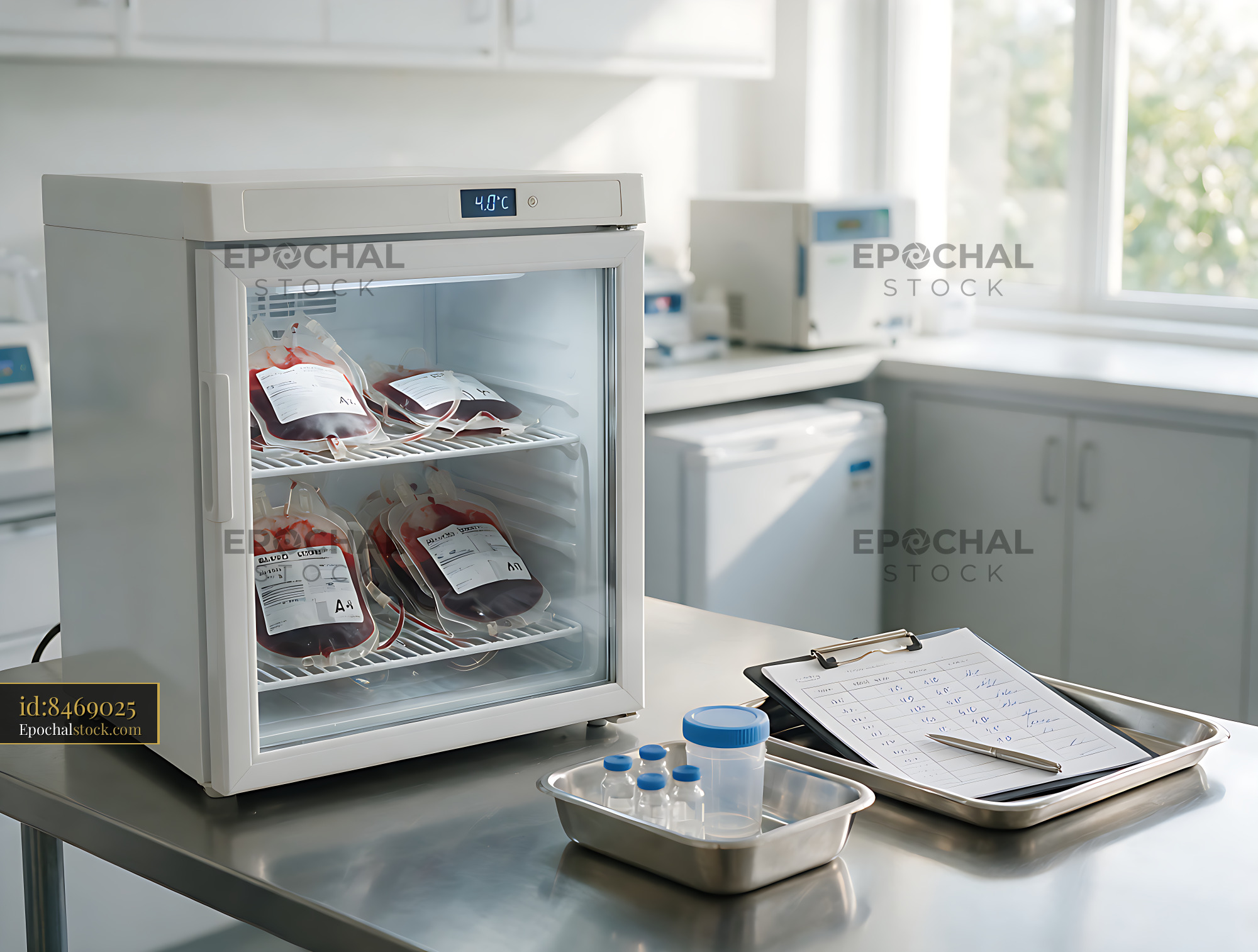 Watermarked full-resolution preview of Blood bank refrigerator holding blood bags in a clinical laboratory