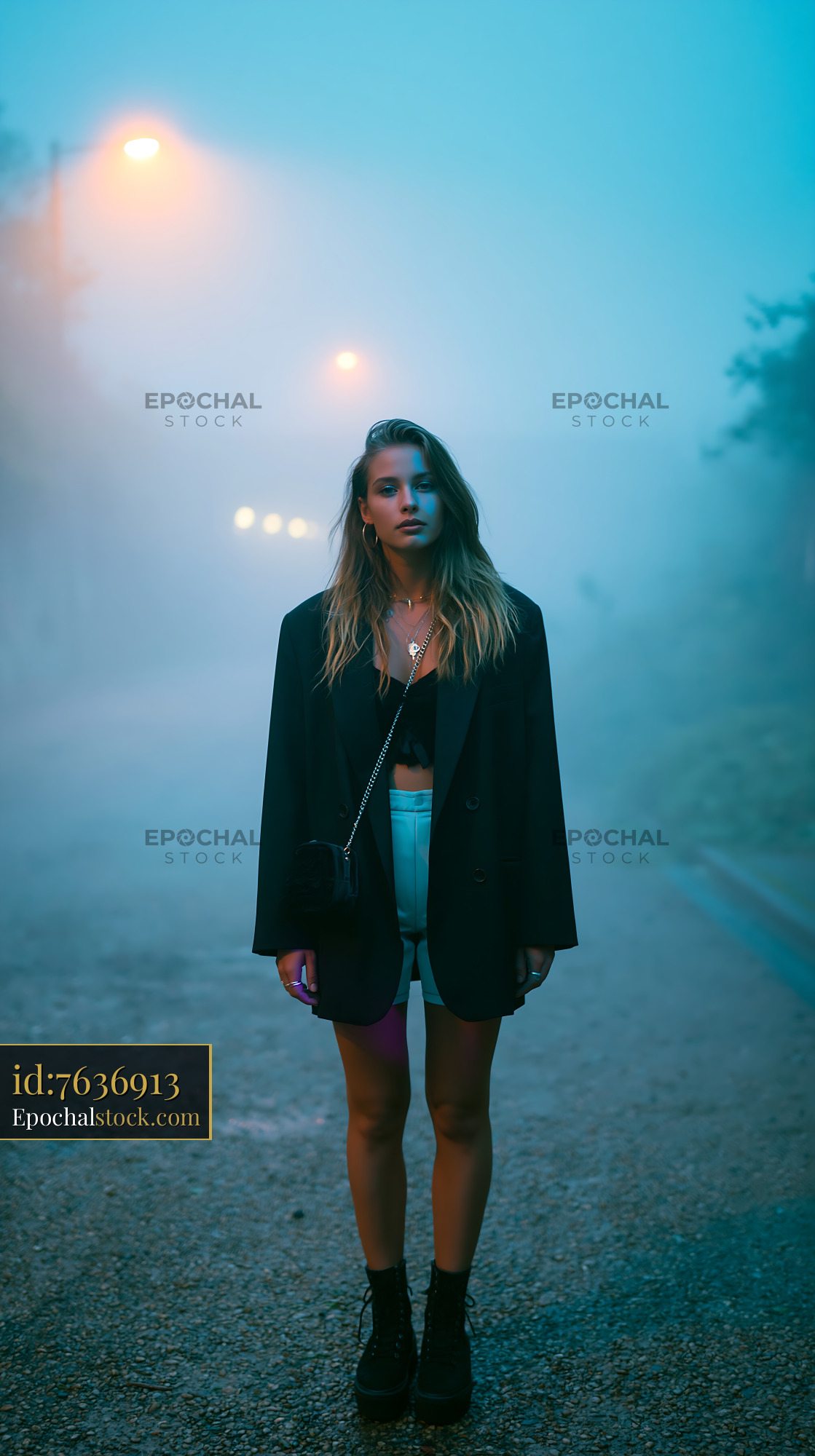 Watermarked full-resolution preview of Woman standing on a foggy street at night under streetlights