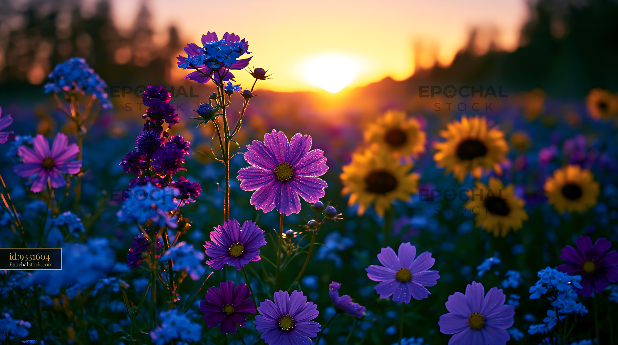 Watermarked full-resolution preview of Colorful wildflowers bloom at sunset in a tranquil field