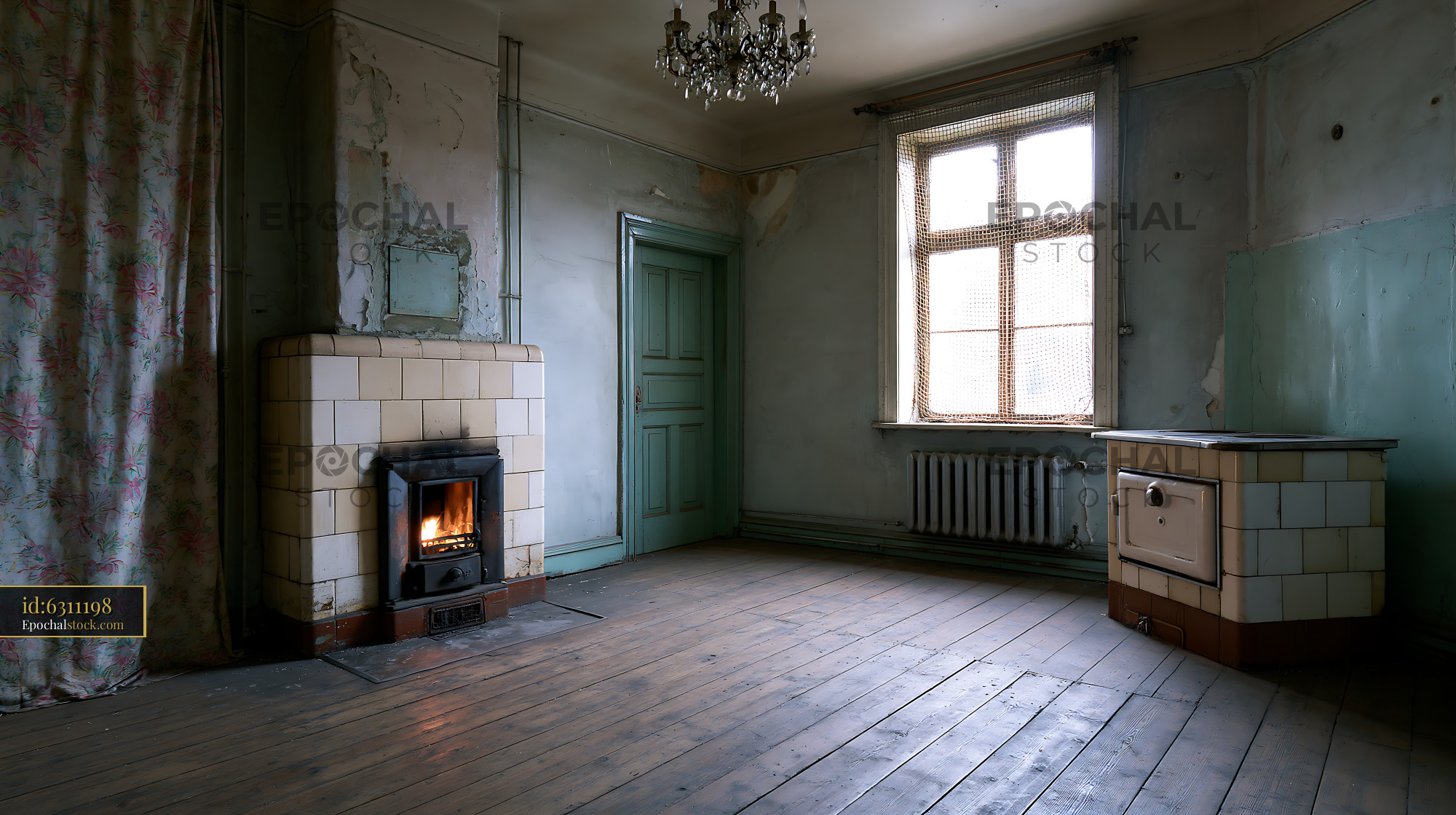 Watermarked full-resolution preview of Empty room with fireplace and window in old building