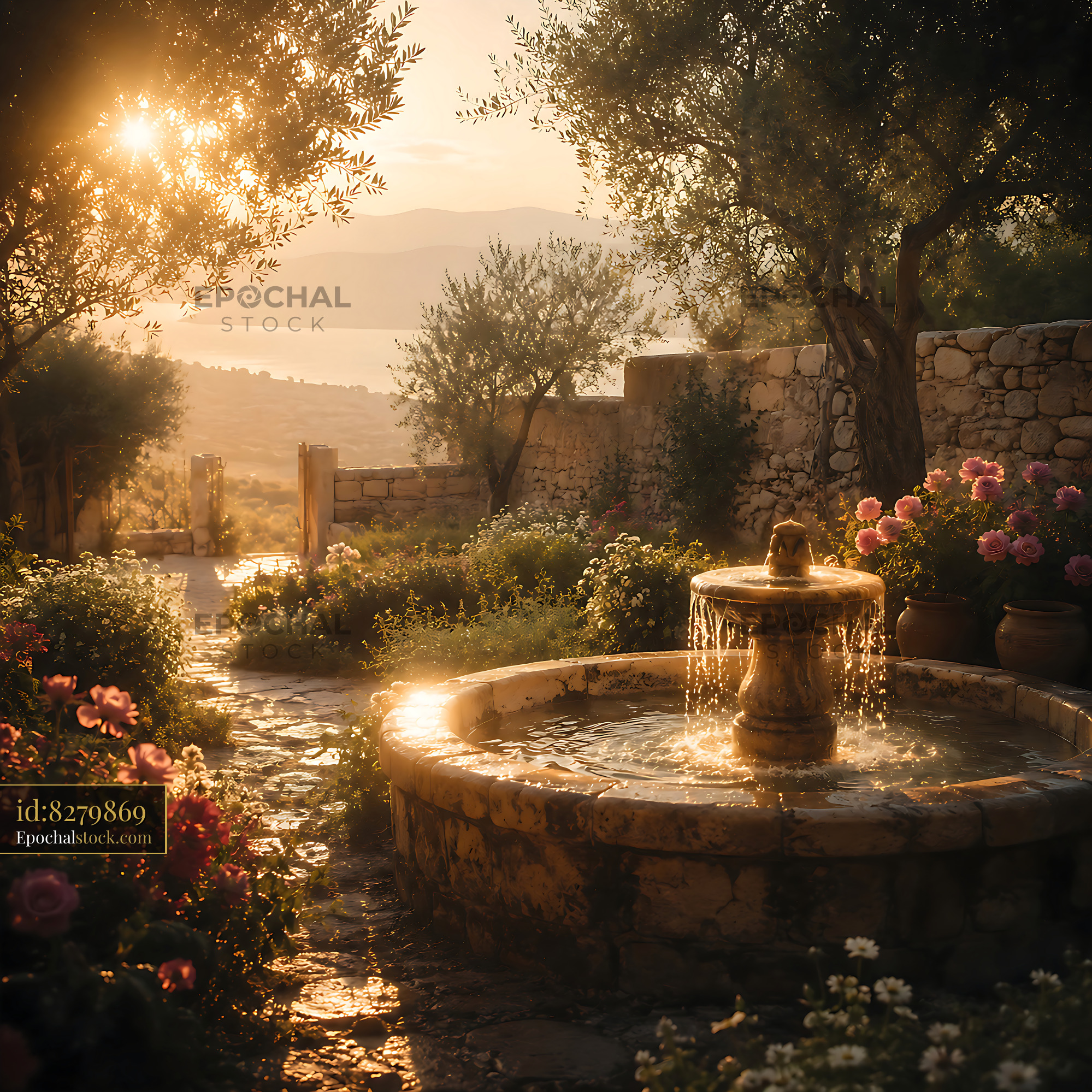 Watermarked full-resolution preview of Fountain surrounded by flowers at sunset