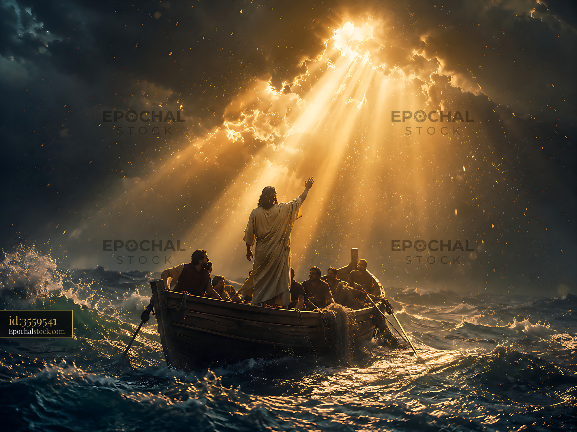 Jesus Stands in Boat as Storm Clouds Gather and Sunlight Breaks — stock example for Nano Banana 2 cost control