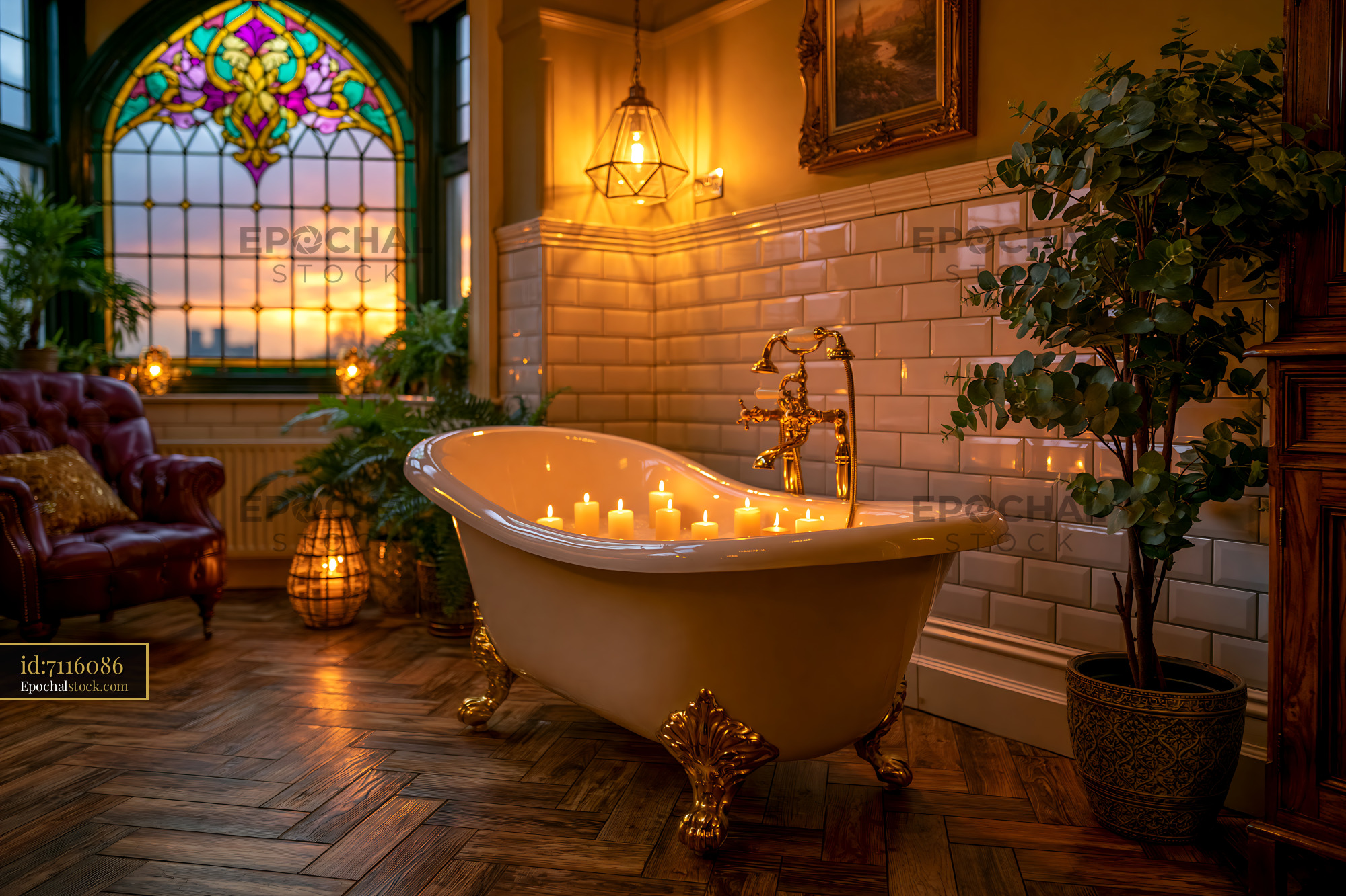 Watermarked full-resolution preview of Warm candlelit bathroom interior with clawfoot tub