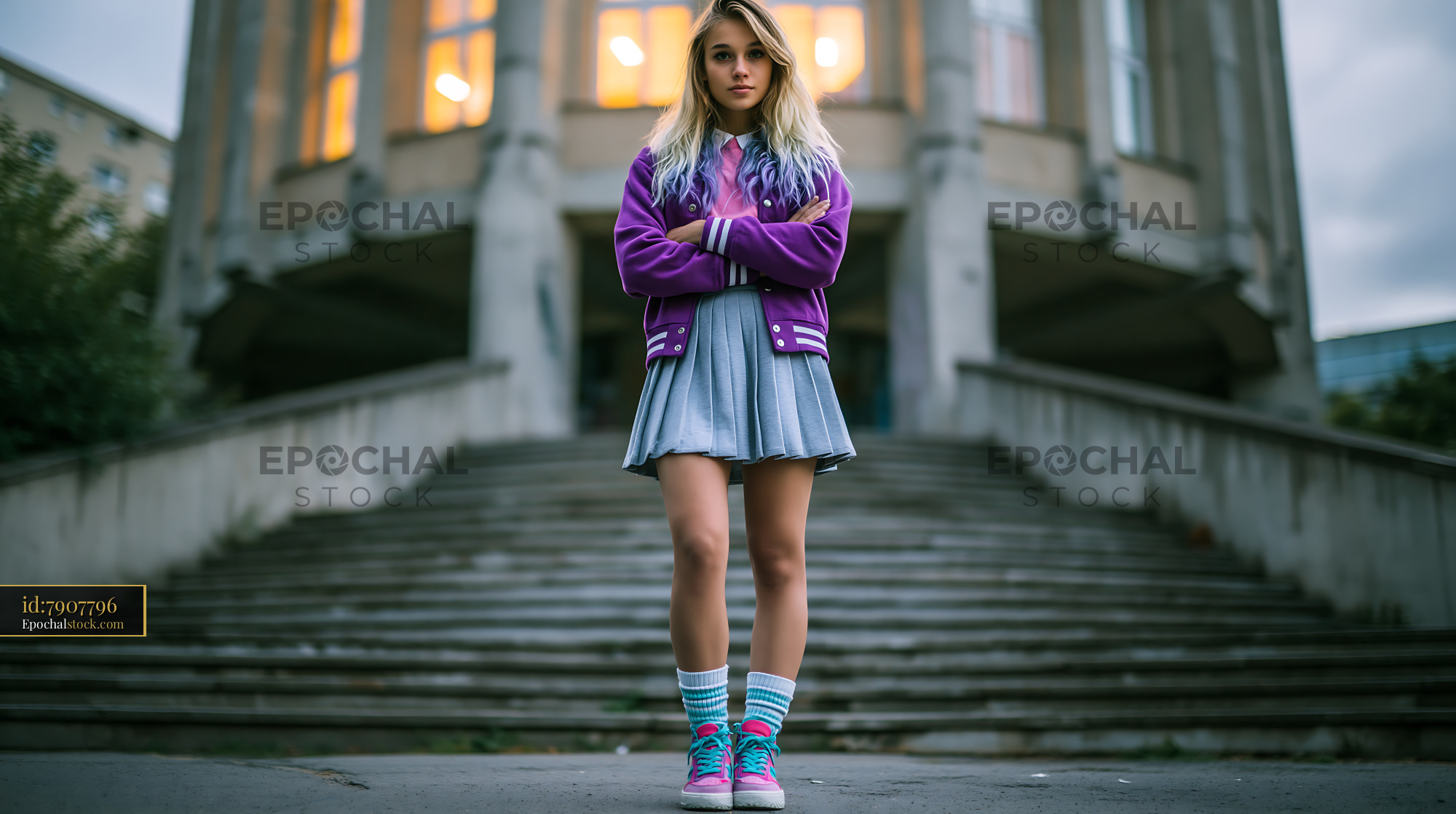 Young Woman in Varsity Style Jacket Standing on Staircase - stock photo