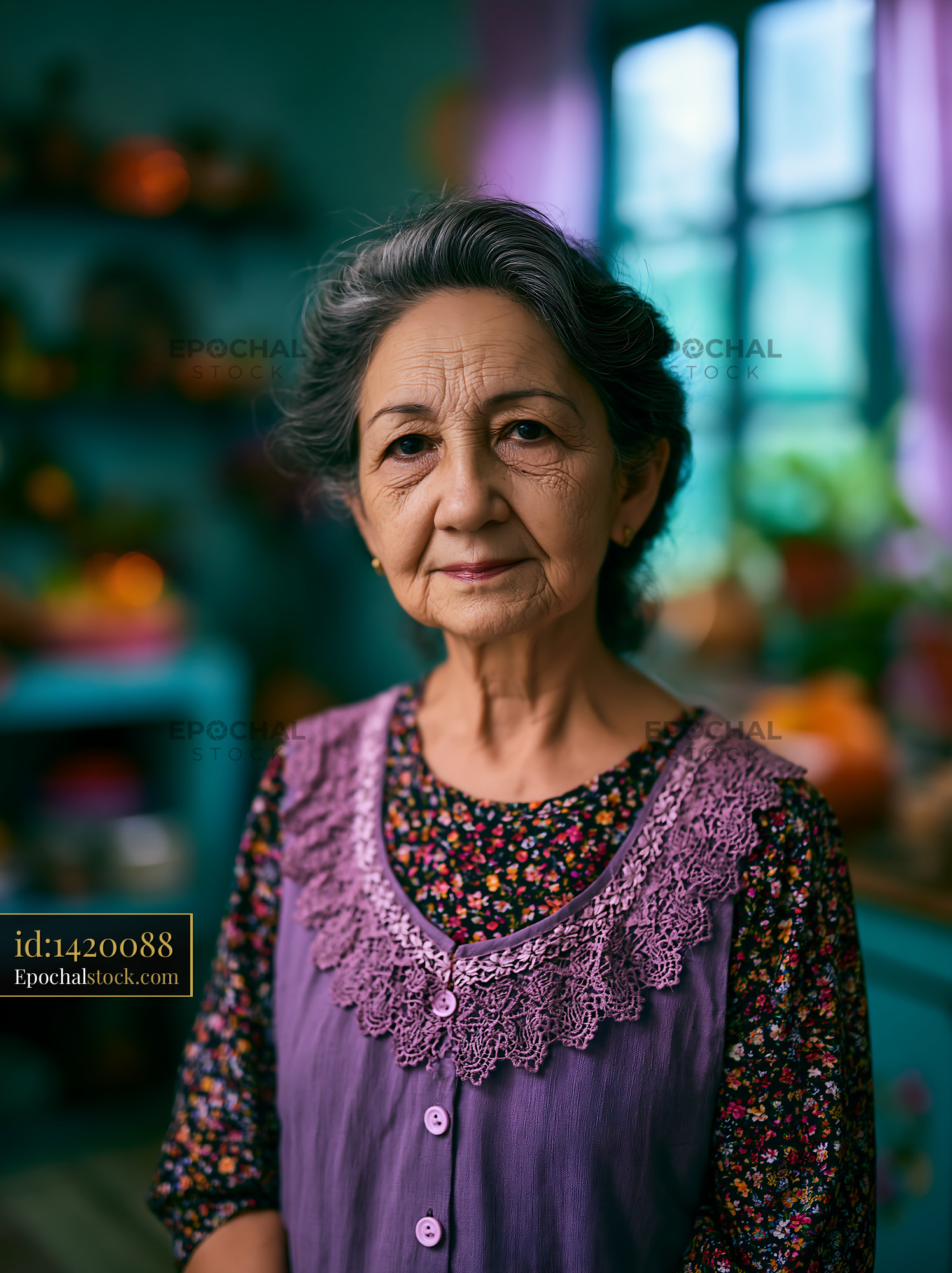Elderly Woman in a Colorful Room, Looking Directly at the Camera — stock example for FLUX.2 Max solution examples
