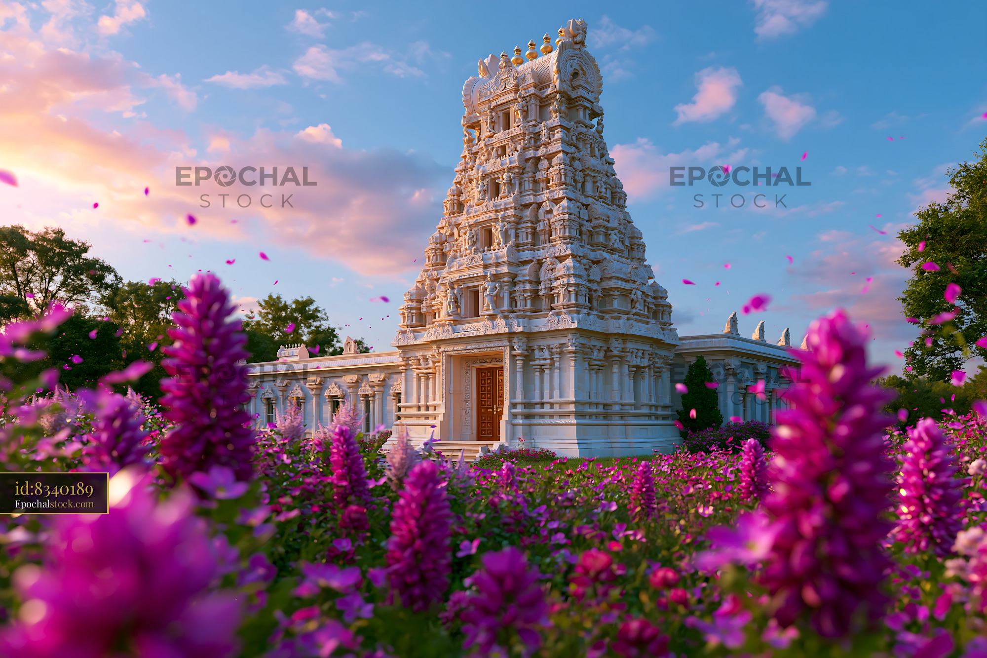 Watermarked full-resolution preview of White temple tower in a colorful flower garden