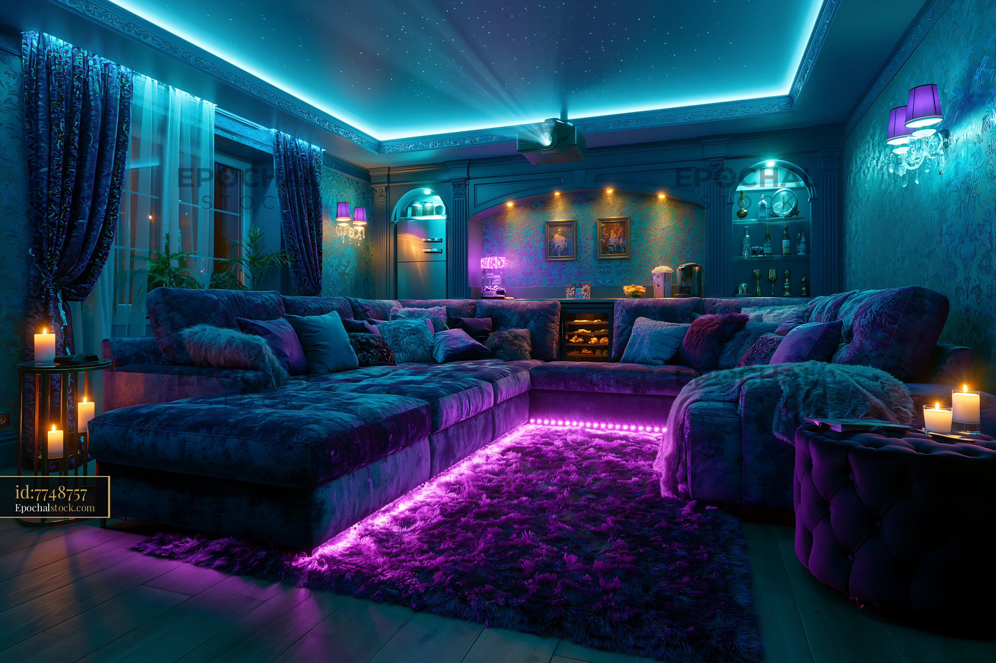 Watermarked full-resolution preview of Cozy living room with purple lighting and candles at night