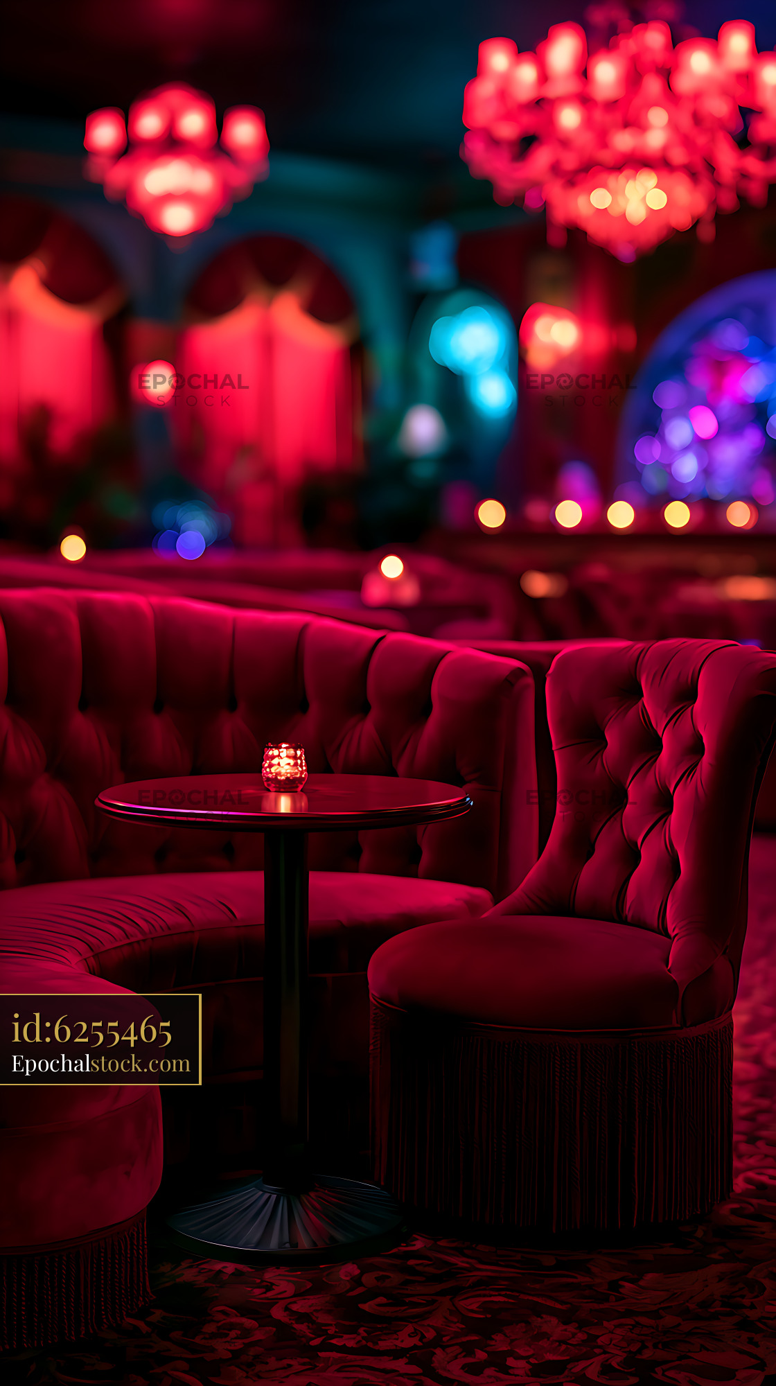 Watermarked full-resolution preview of Moody red lounge interior with candlelit table and bokeh lighting