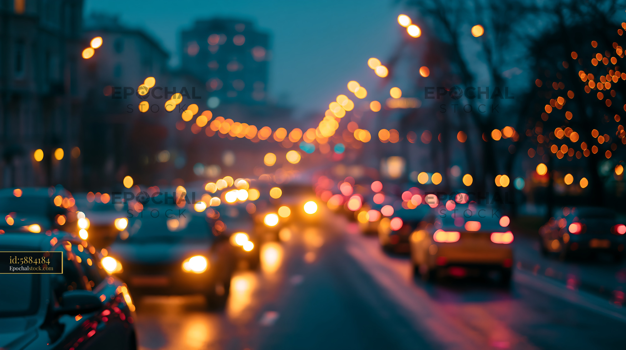 Watermarked full-resolution preview of Evening street scene with traffic and blurred lights