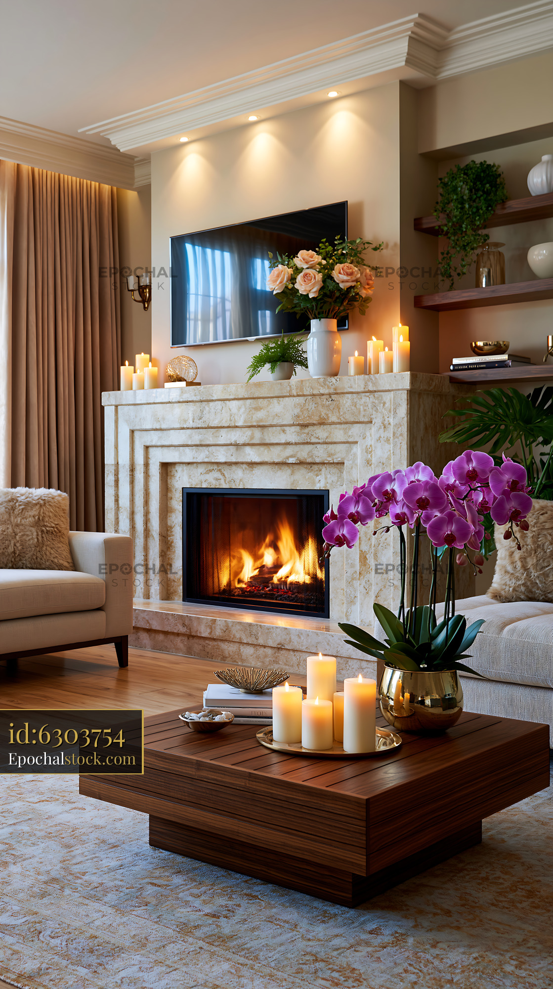 Watermarked full-resolution preview of Cozy living room with fireplace and candles in modern decor