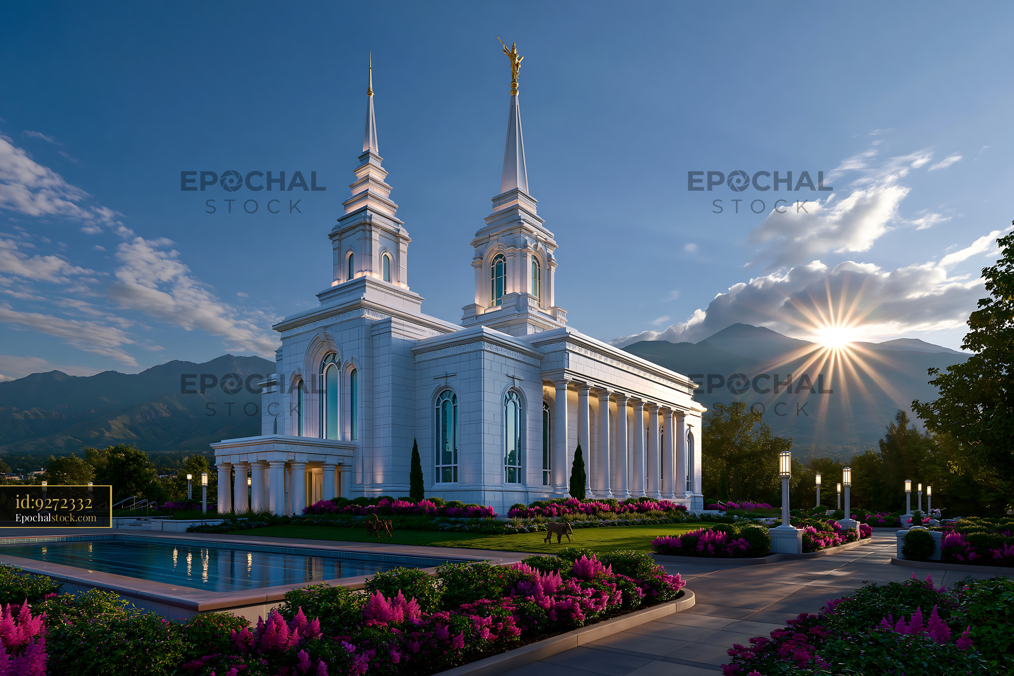 Watermarked full-resolution preview of Elegant white temple surrounded by gardens and mountains