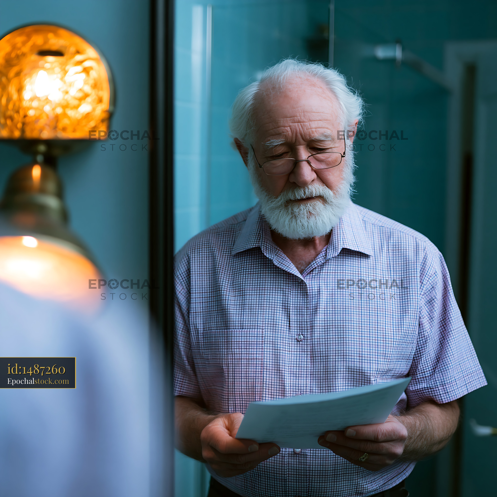 Watermarked full-resolution preview of Elderly man reading a letter in a bathroom with warm light