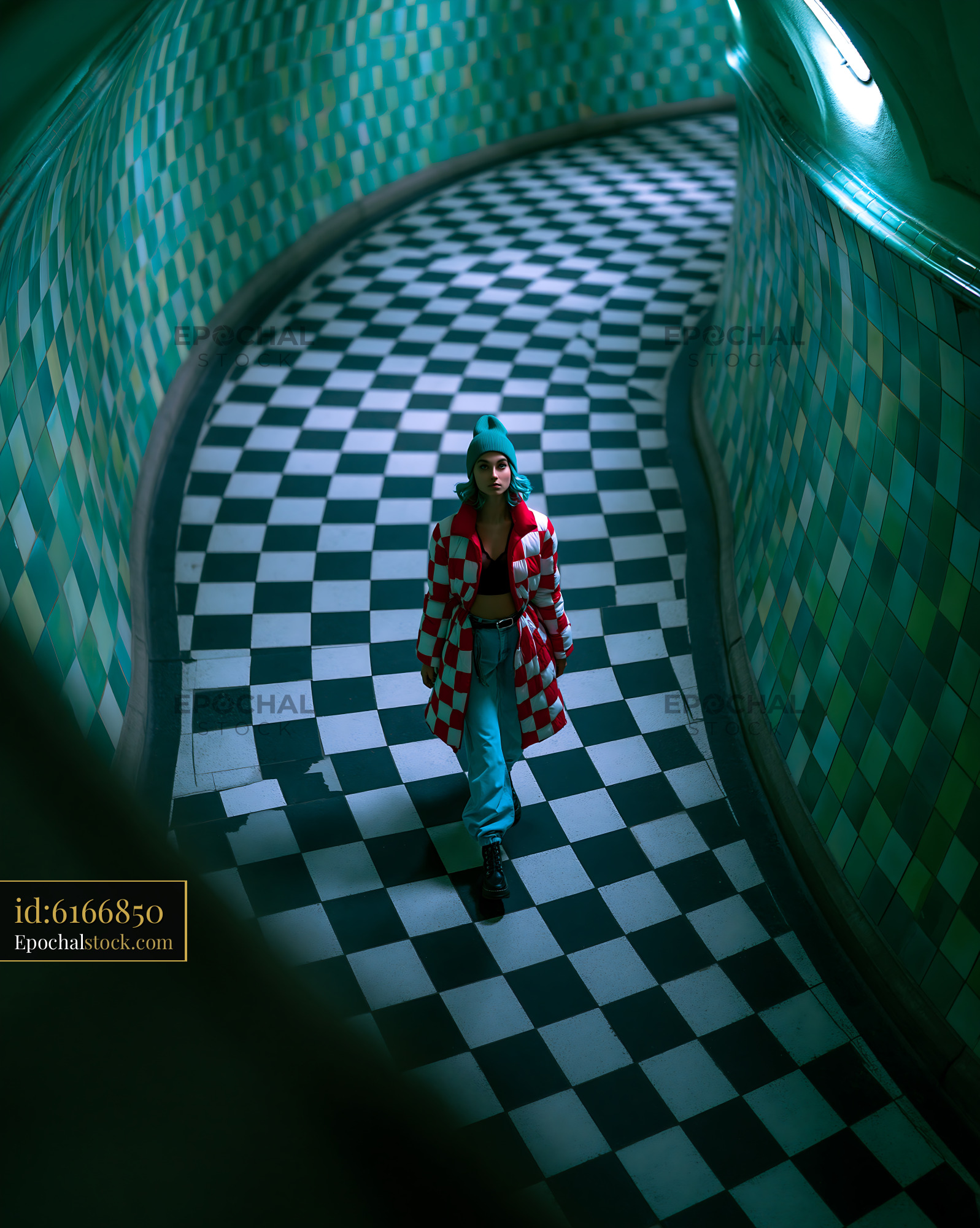 Watermarked full-resolution preview of Woman walking in a curvy hallway with patterned floor tiles