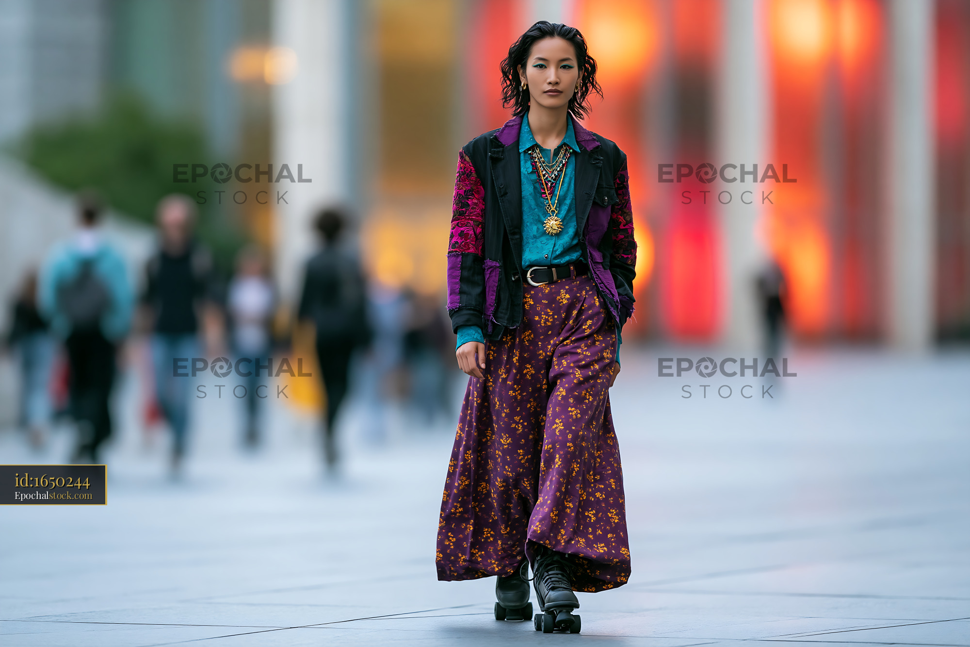 Watermarked full-resolution preview of Fashionable woman walking in a city with motion blurred crowd