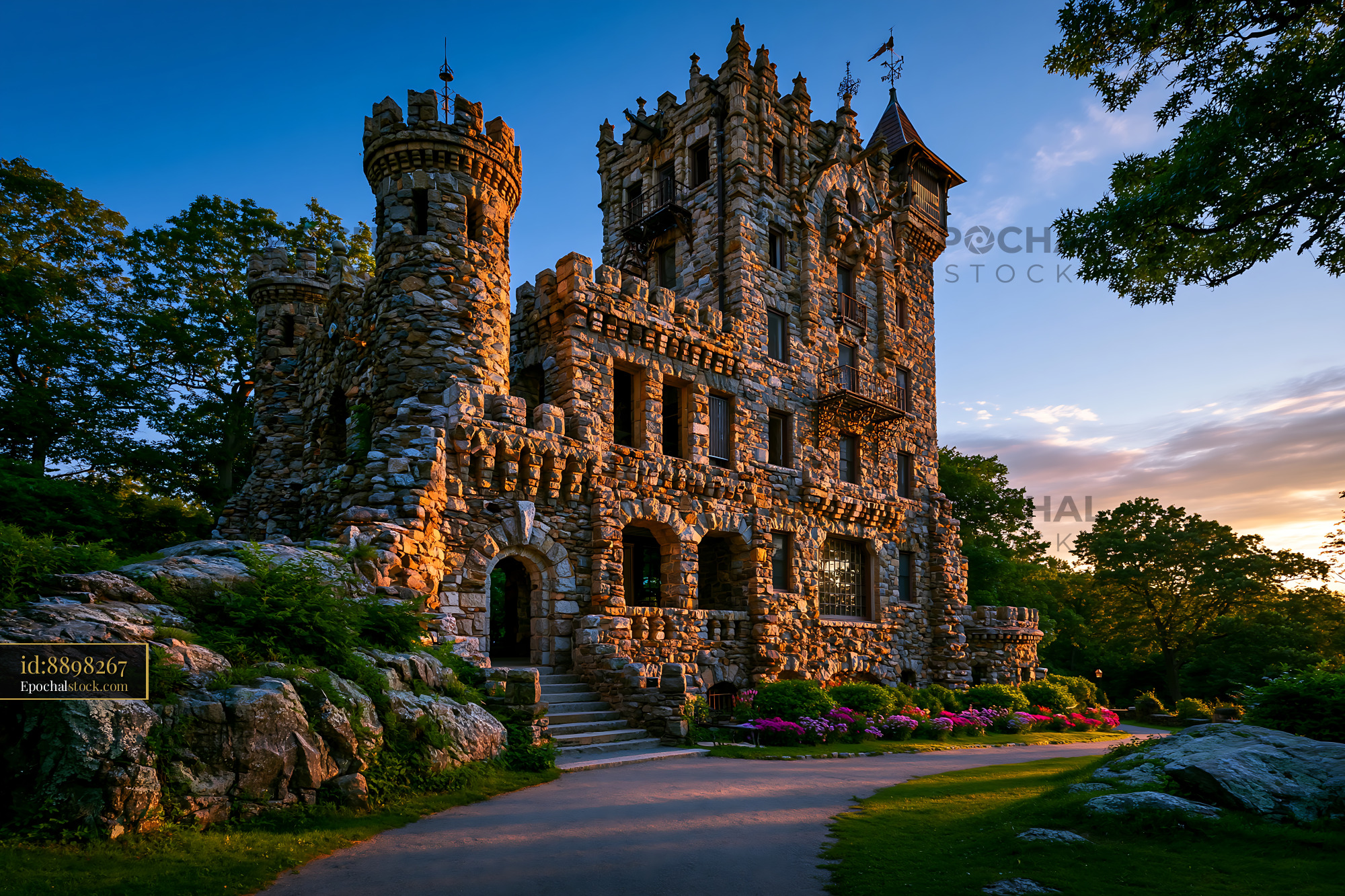 Watermarked full-resolution preview of Historic stone castle surrounded by trees and flowers