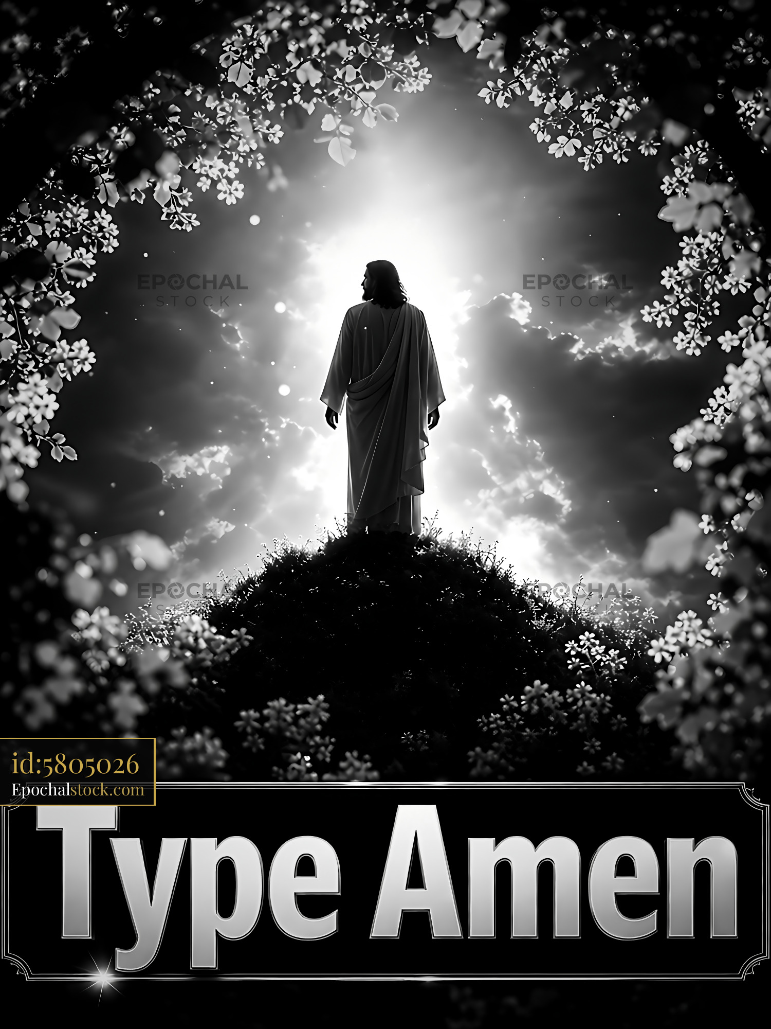 Watermarked full-resolution preview of Figure standing on a hill surrounded by light and flowers