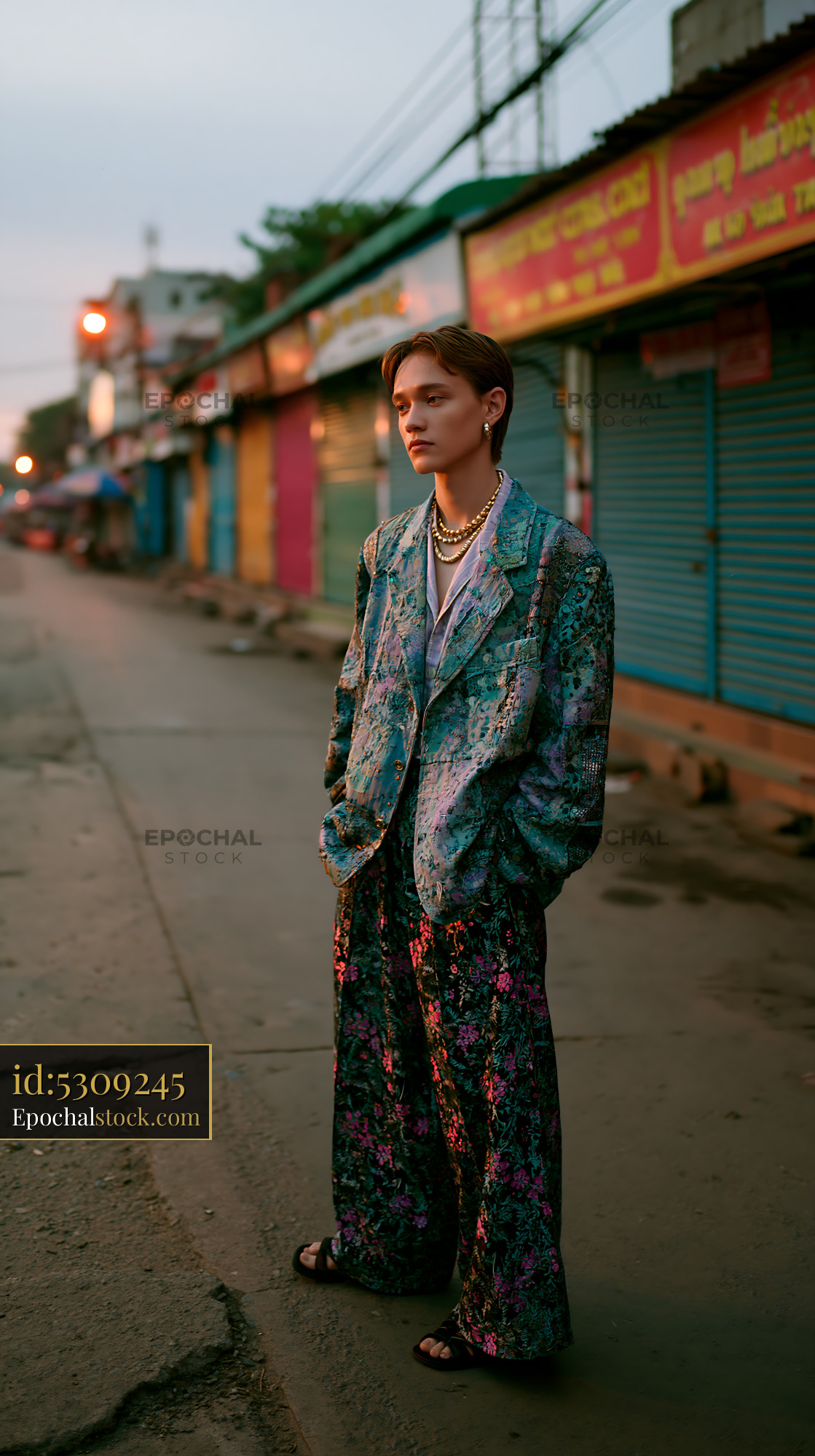 Watermarked full-resolution preview of Model standing on a quiet street with colorful shops at dusk