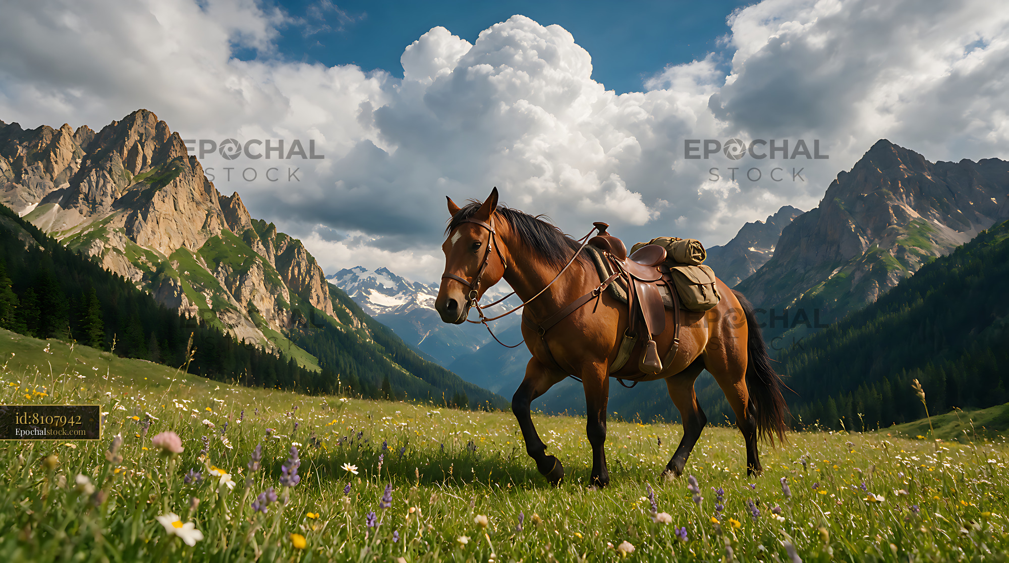 Watermarked full-resolution preview of Saddled horse in a mountain wildflower meadow