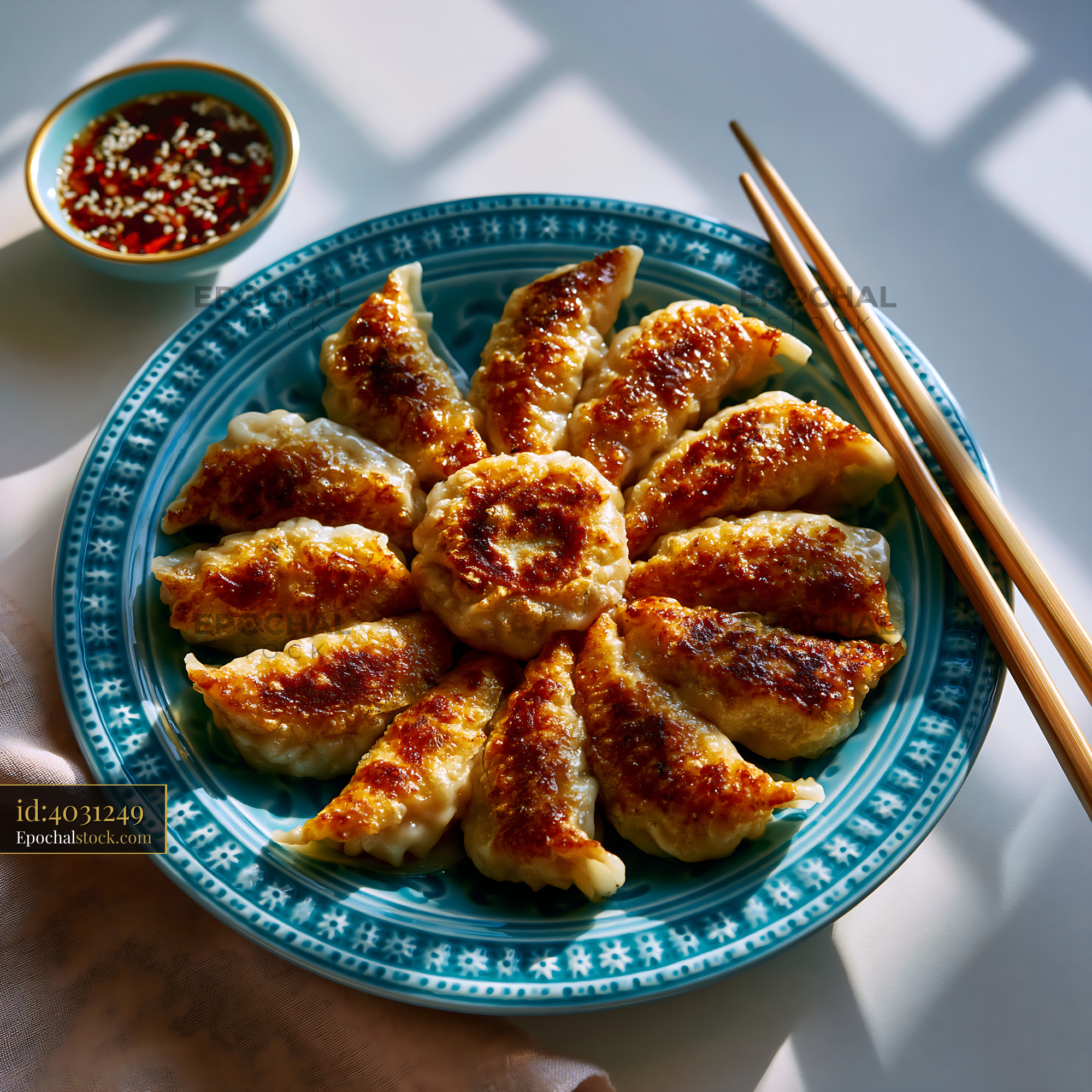 Watermarked full-resolution preview of Dumplings served on a blue plate with dipping sauce and chopsticks