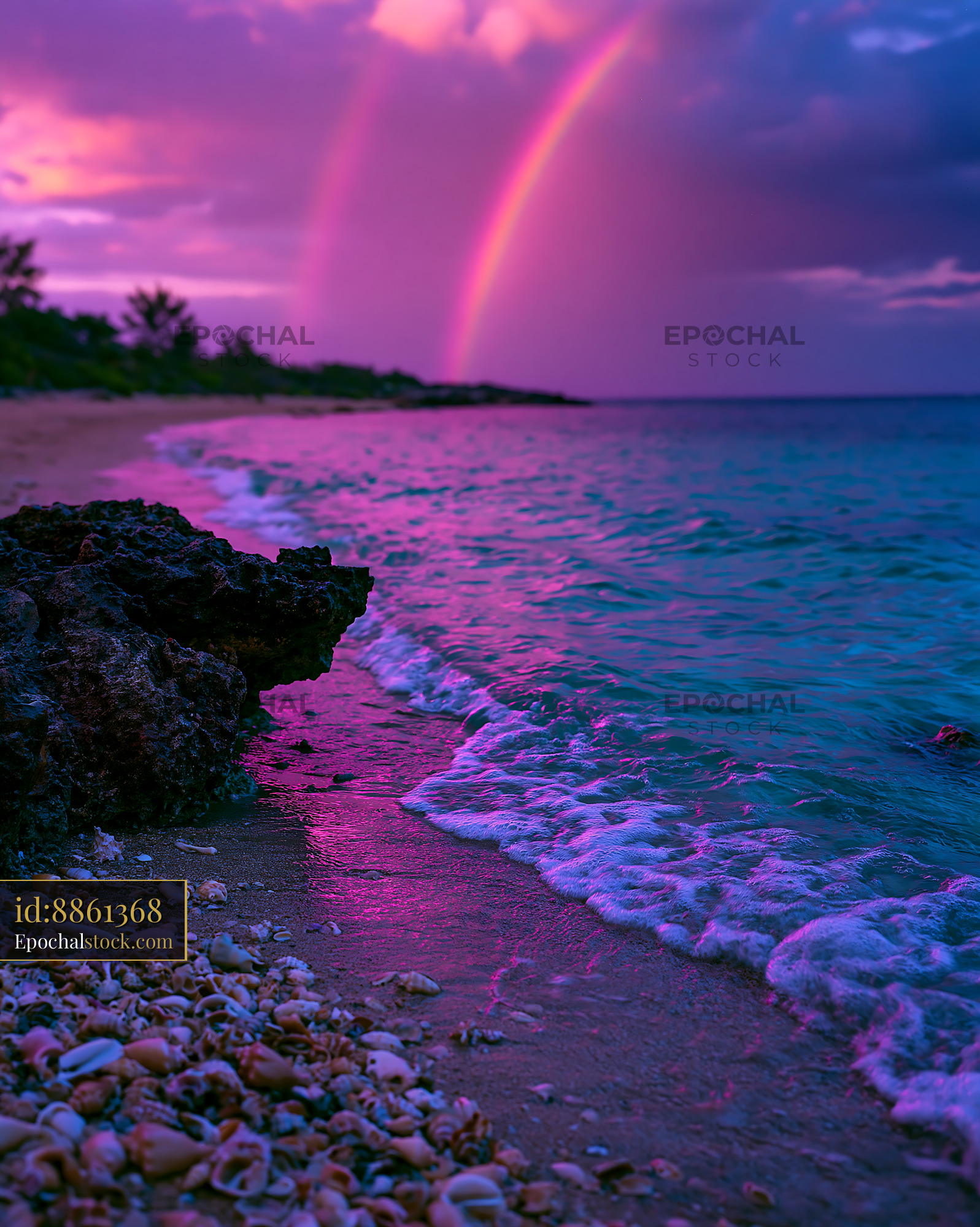 Watermarked full-resolution preview of Colorful sunset over a beach with a rainbow and rocky shoreline
