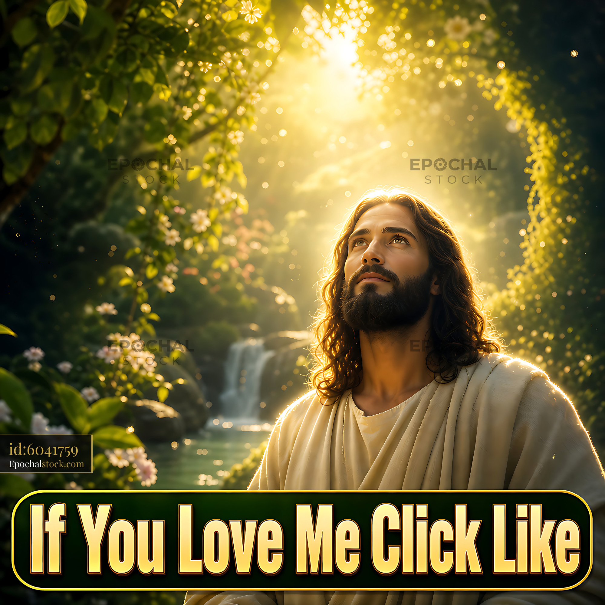 Watermarked full-resolution preview of Jesus in a sunlit forest setting with flowing water