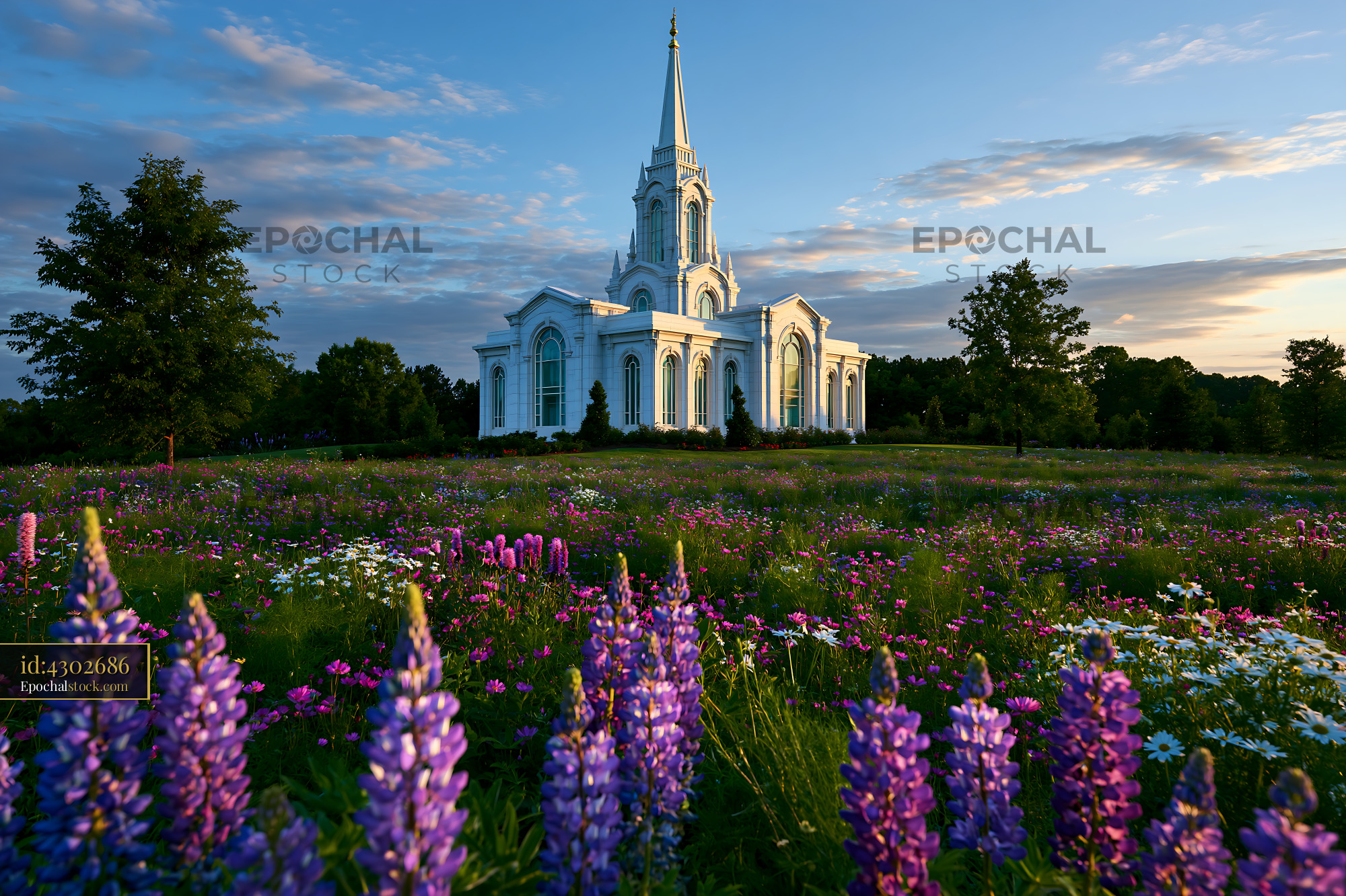 Watermarked full-resolution preview of Church surrounded by flowers under a blue sky