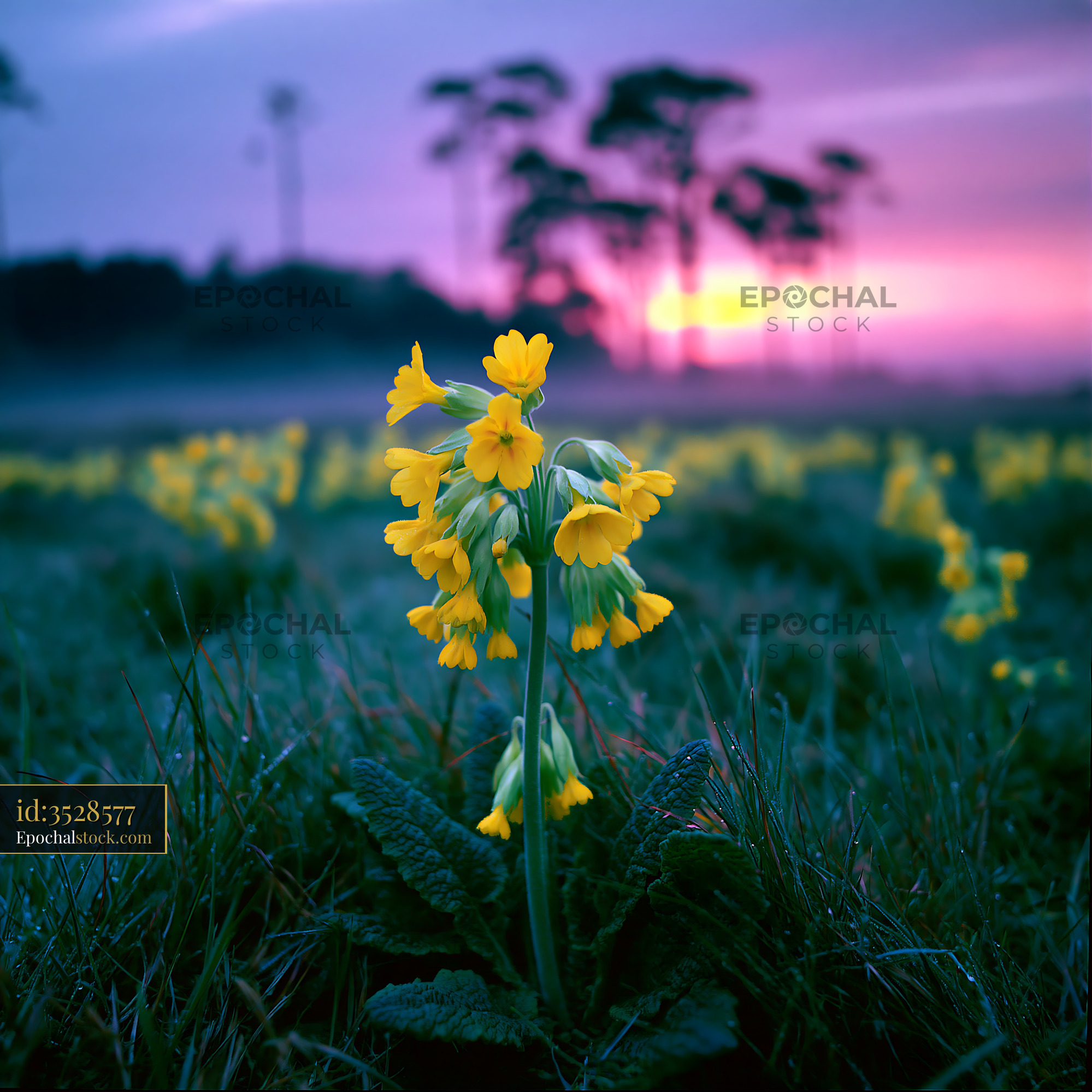 Cowslip Blooming in Meadow at Sunset With Soft Light - stock photo