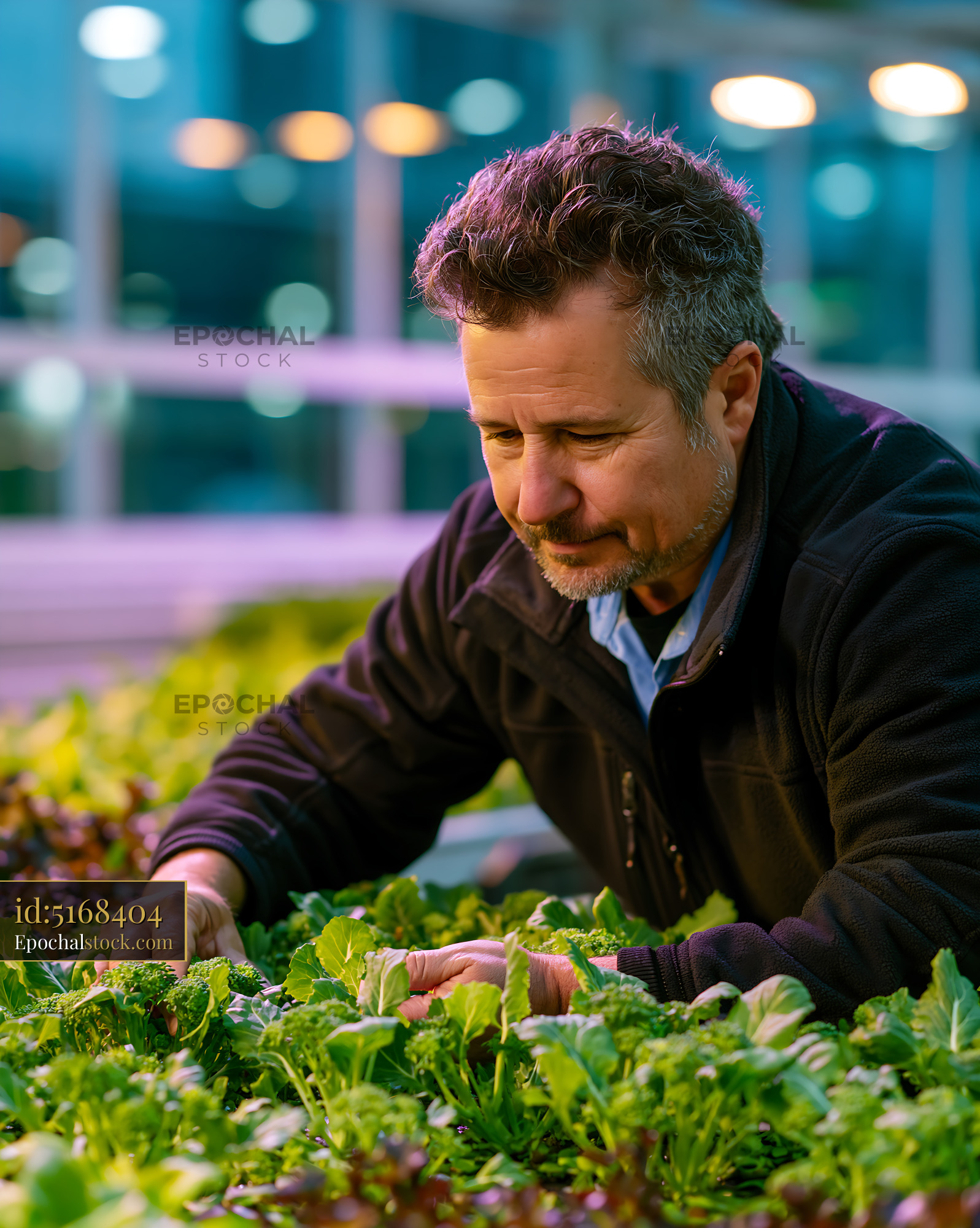 Watermarked full-resolution preview of Man working in a greenhouse cultivating green lettuce