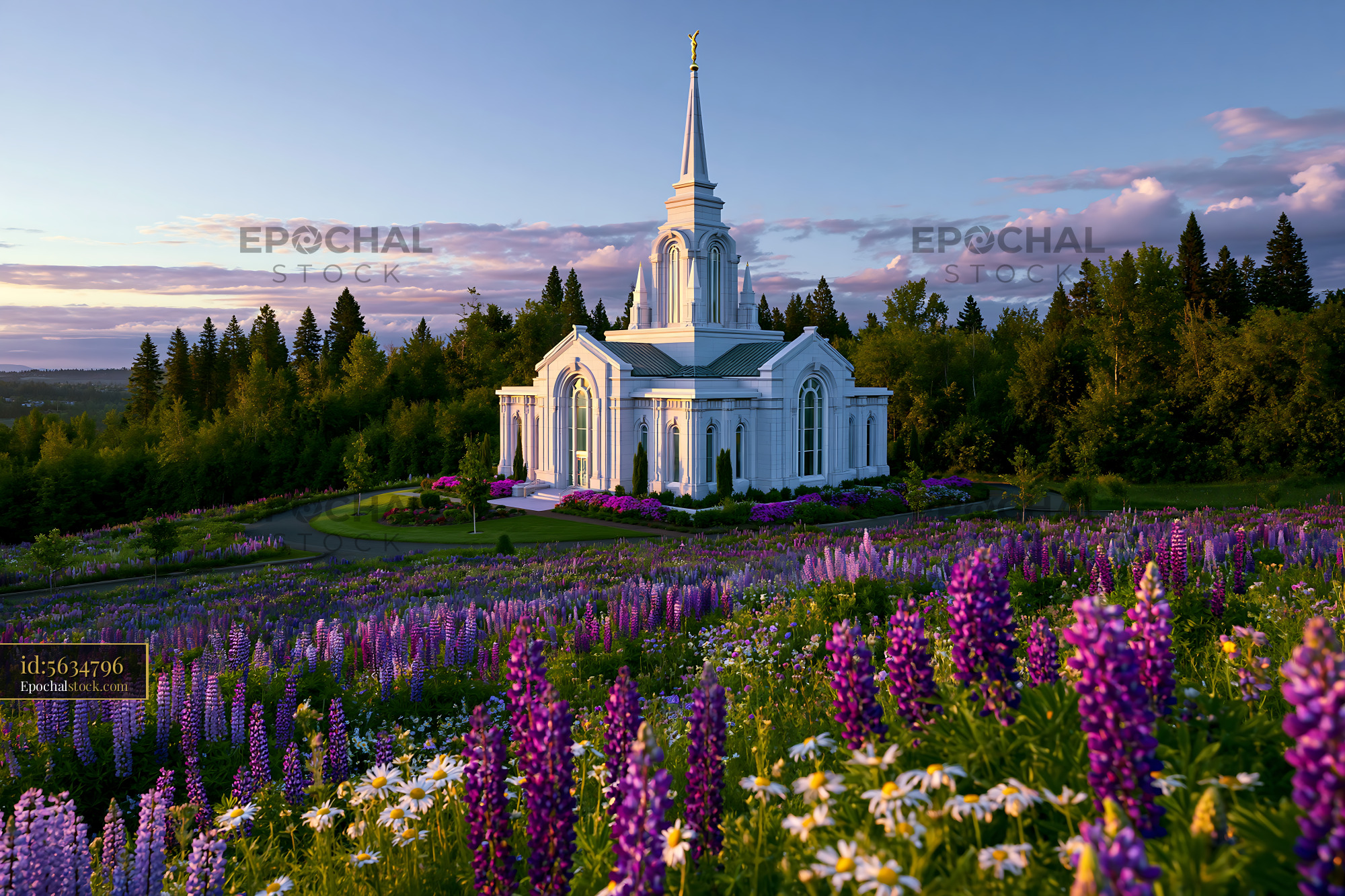 Watermarked full-resolution preview of Church surrounded by flowers in a forest during sunset