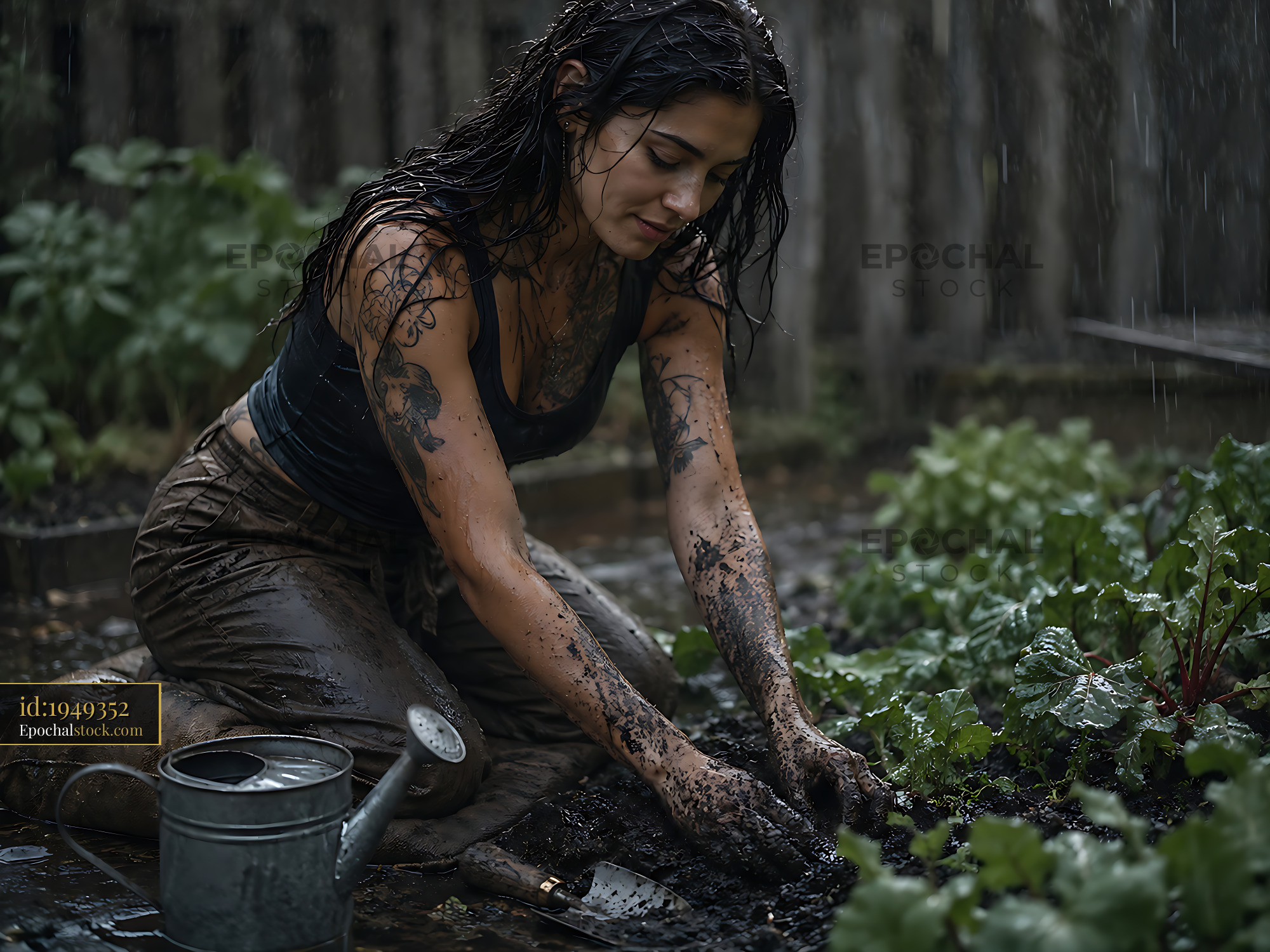 Woman Gardening in the Rain, Planting Seeds in Muddy Soil - stock photo