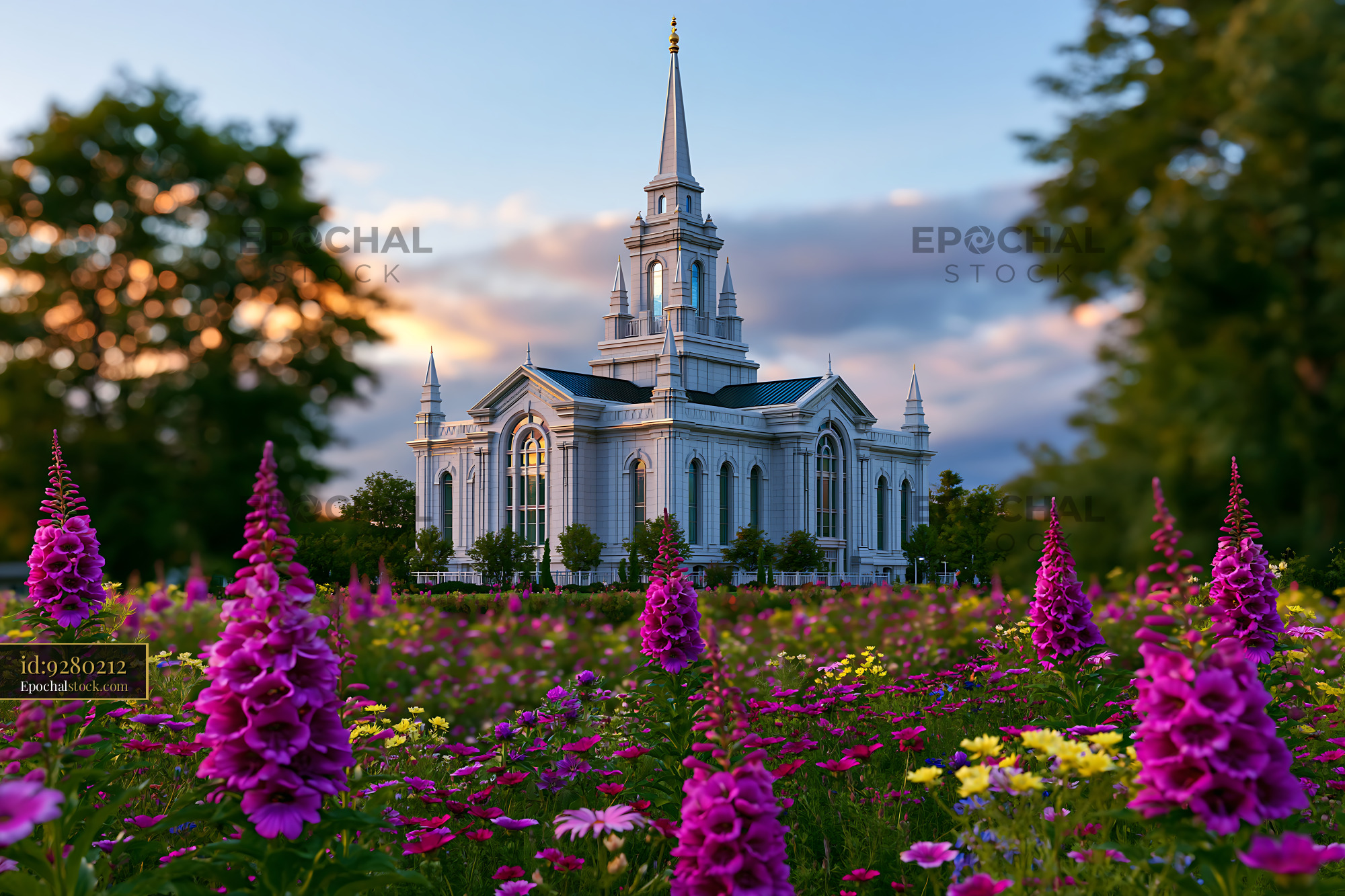 Watermarked full-resolution preview of Flower garden in front of a church building at sunset