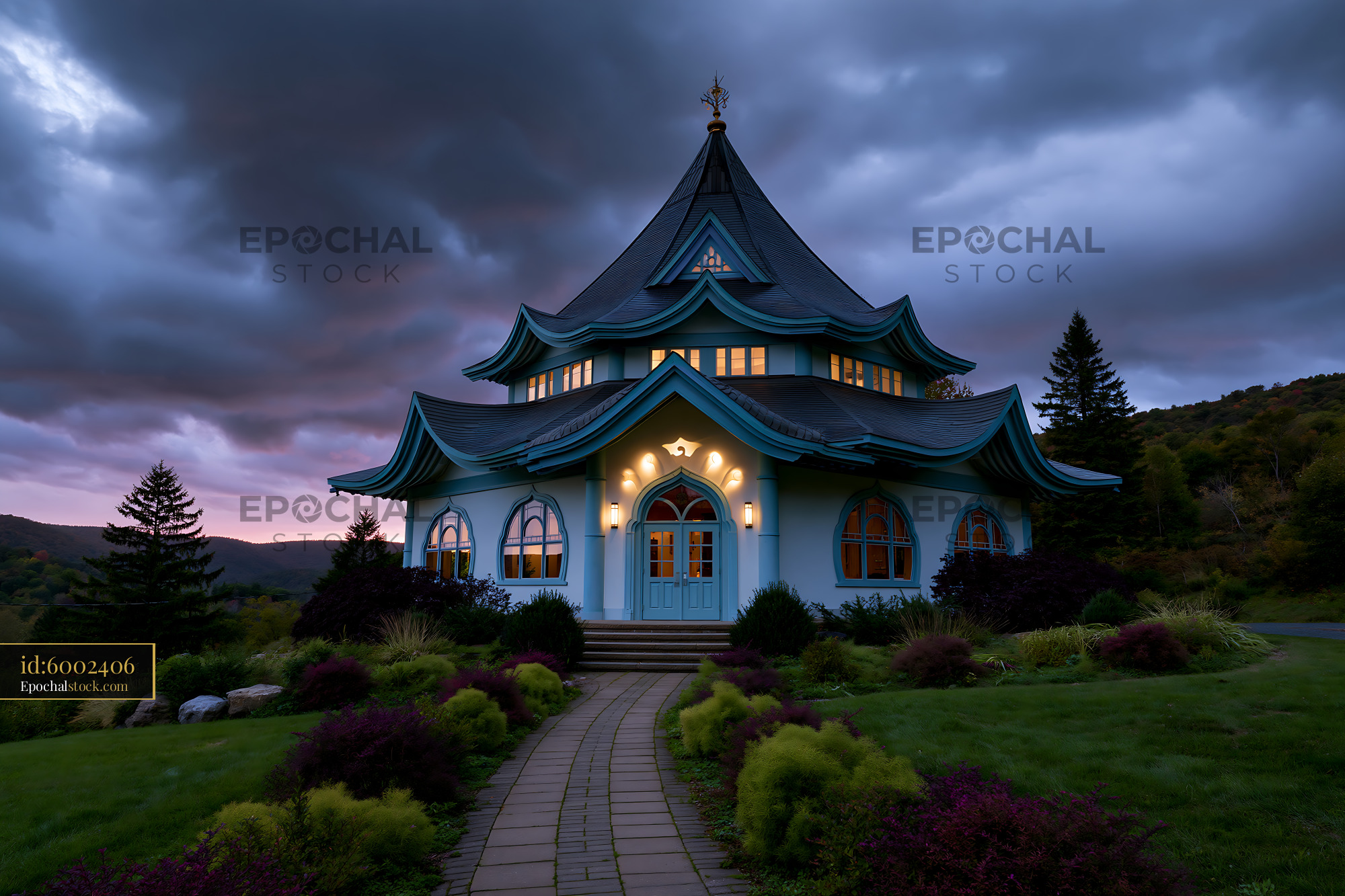 Watermarked full-resolution preview of Blue building in a lush landscape under a cloudy sky